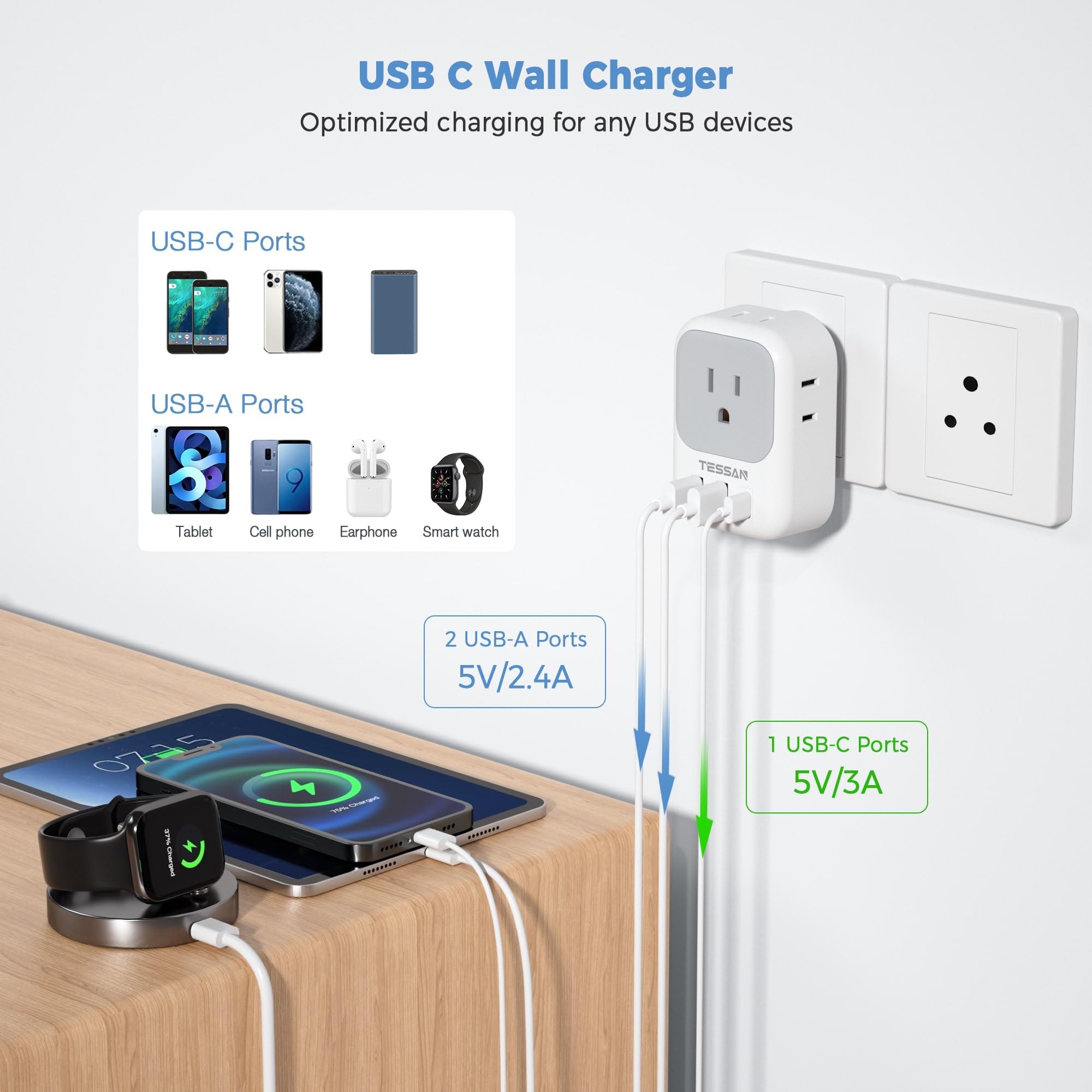 Foto 5 pulgar | Adaptador De Viaje Tessan Tipo D India Plug, Paquete De 2 Con Puertos Usb - Venta Internacional.