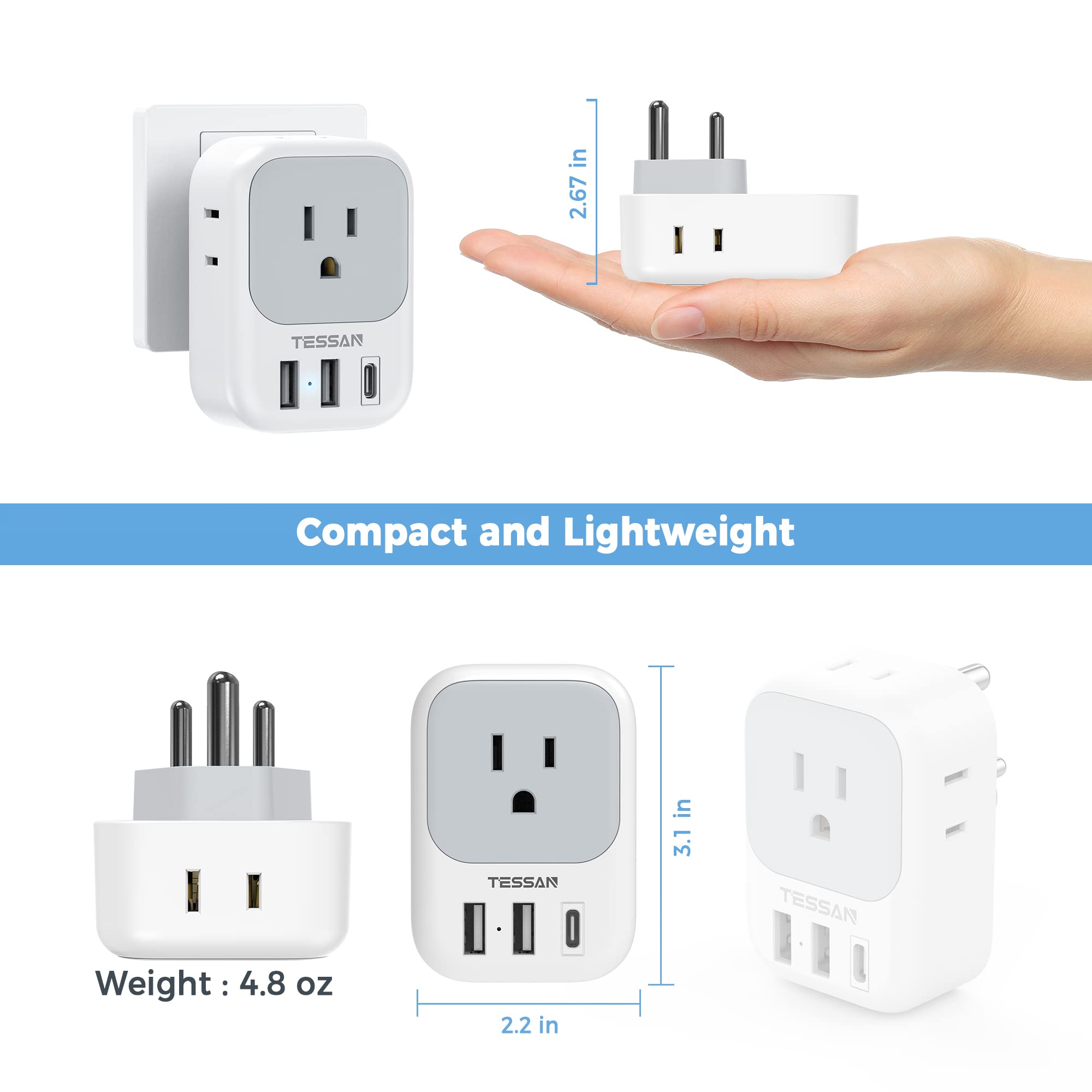 Foto 6 pulgar | Adaptador De Viaje Tessan Tipo D India Plug, Paquete De 2 Con Puertos Usb - Venta Internacional.