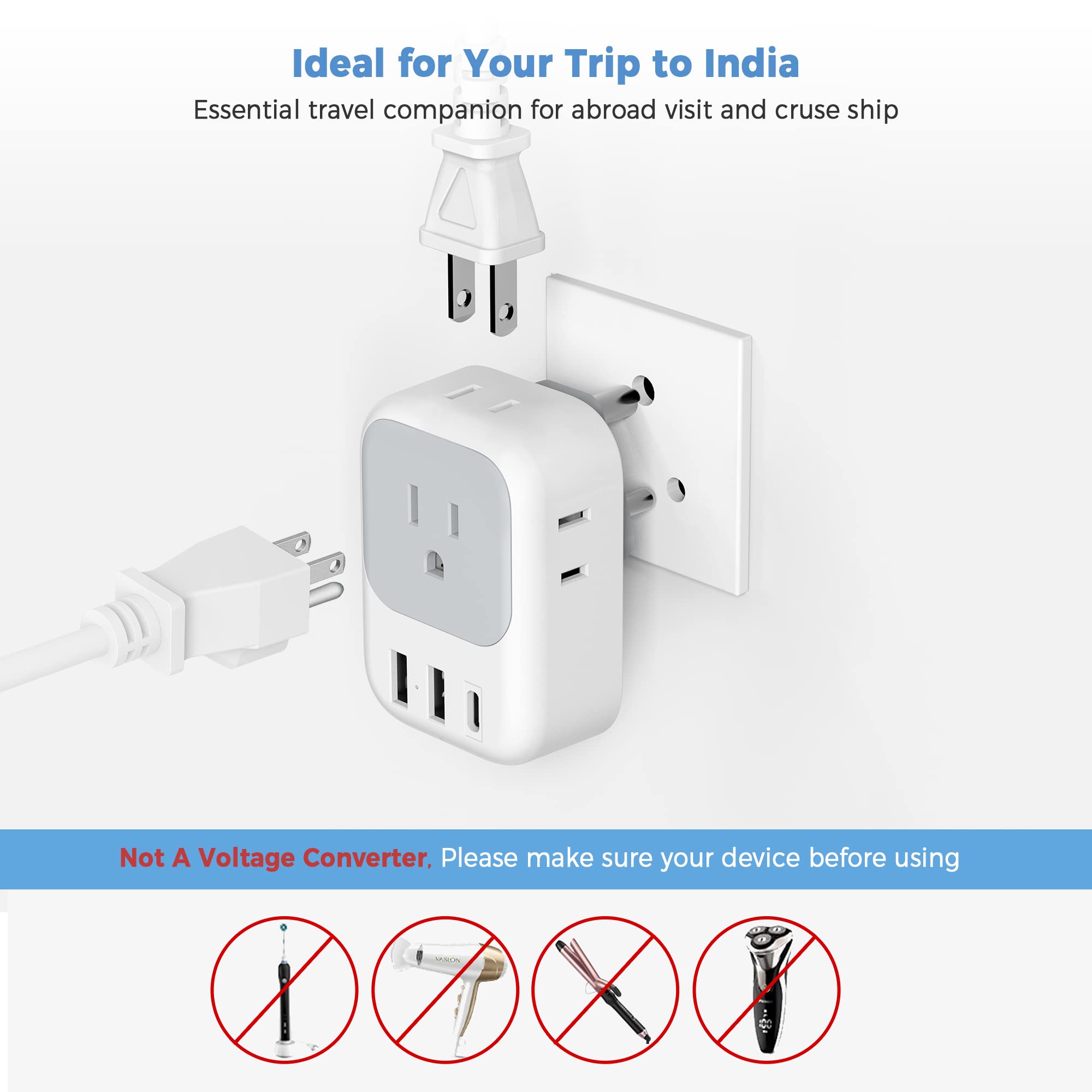 Foto 7 pulgar | Adaptador De Viaje Tessan Tipo D India Plug, Paquete De 2 Con Puertos Usb - Venta Internacional.