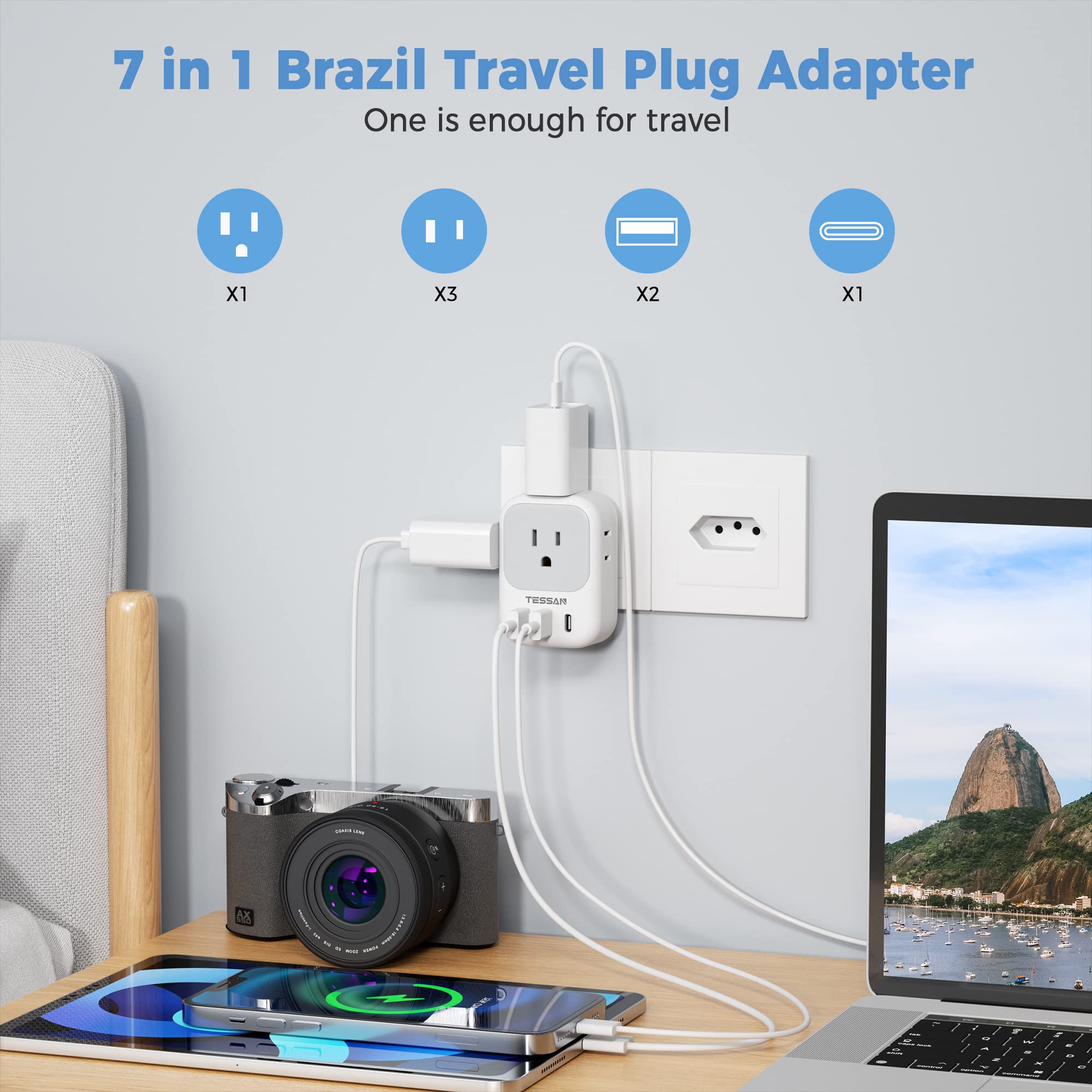 Foto 3 pulgar | Adaptador De Corriente Tessan Us A Brasil Con 4 Salidas, 3 Usb Tipo N - Venta Internacional.