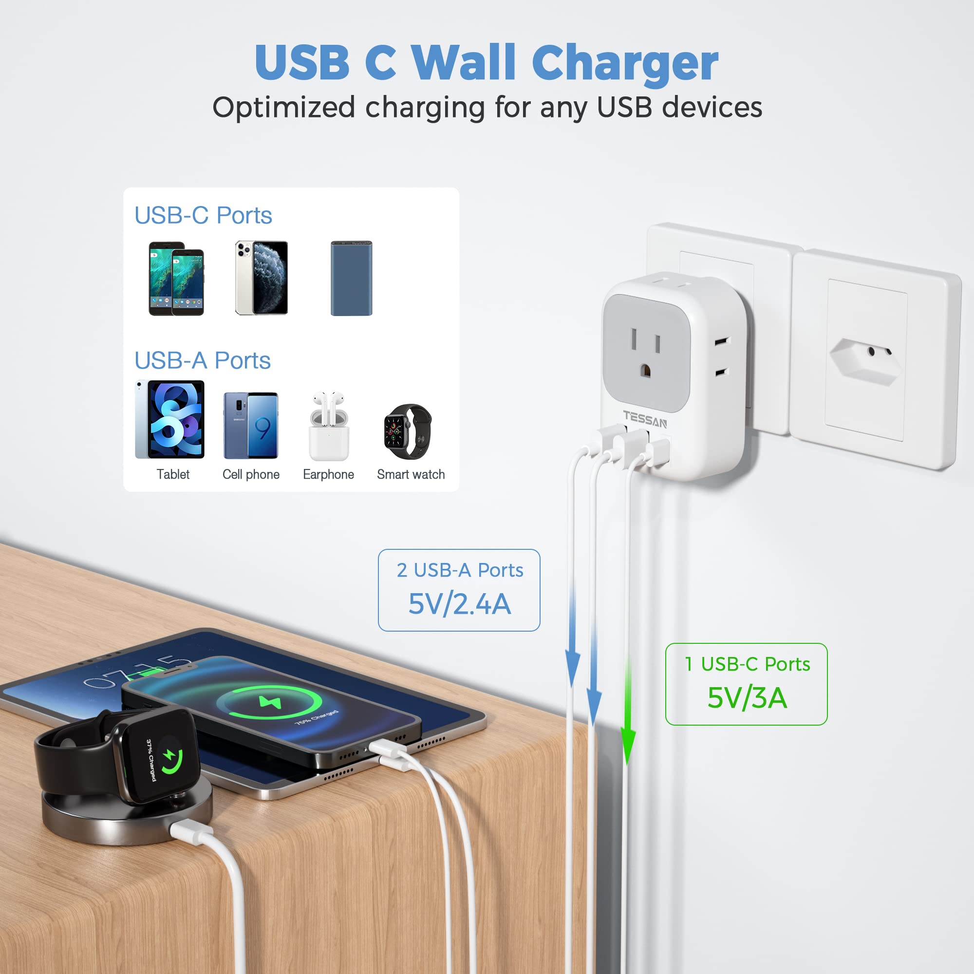 Foto 4 | Adaptador De Corriente Tessan Us A Brasil Con 4 Salidas, 3 Usb Tipo N - Venta Internacional.