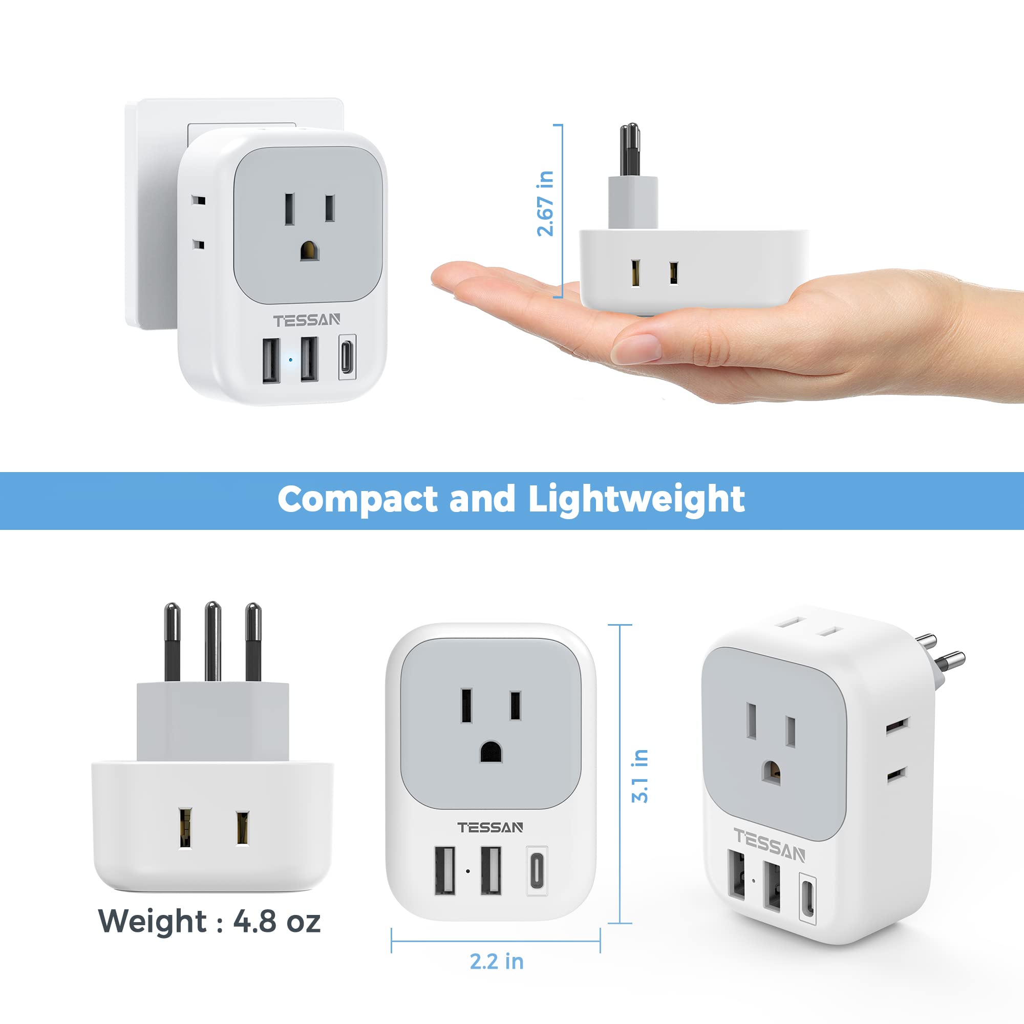 Foto 6 pulgar | Adaptador De Corriente Tessan Us A Brasil Con 4 Salidas, 3 Usb Tipo N - Venta Internacional.