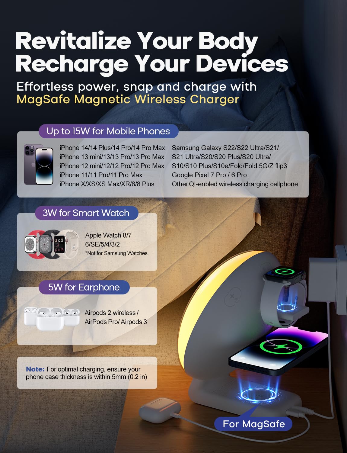 Foto 4 pulgar | Despertador Sunrise Dekala Con Carga Inalámbrica Para Iphone 14, 13, 12, Apple Watch Airpods, Samsung - Venta Inter