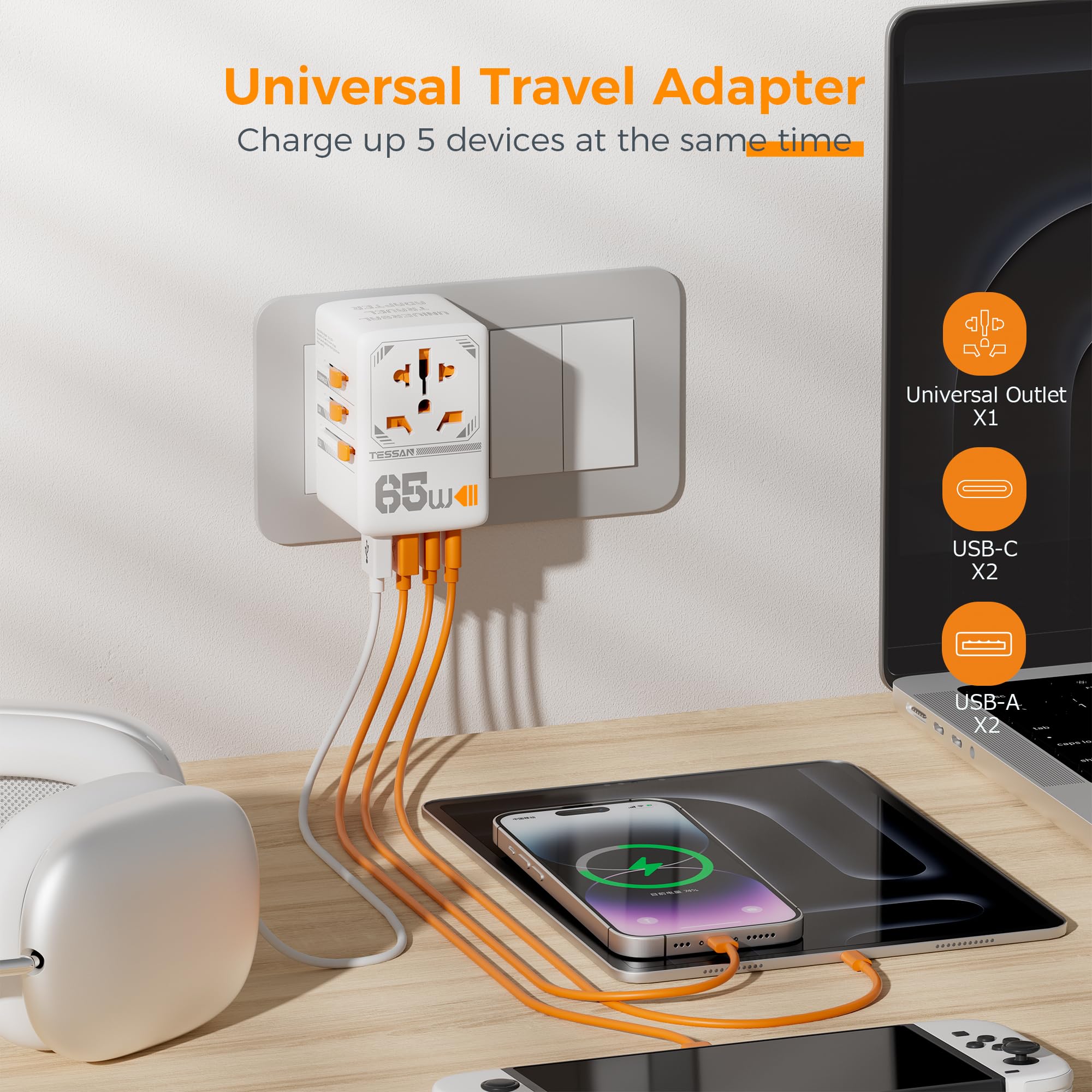 Foto 5 pulgar | Adaptador De Viaje Universal Tessan 65w Gan Con 4 Puertos Usb - Venta Internacional.