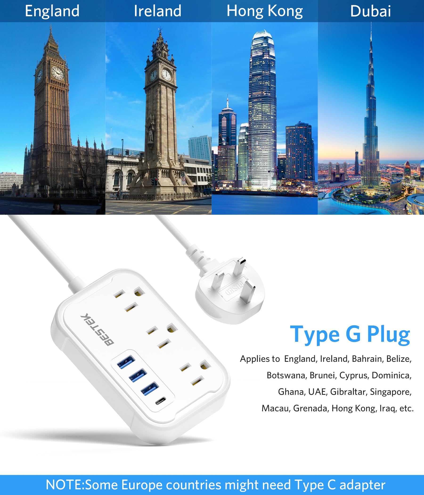 Foto 7 | Adaptador De Enchufe De Viaje Bestek De Ee. Uu. A Reino Unido Tipo G Con 3 Tomas De Corriente Alterna - Venta Intern