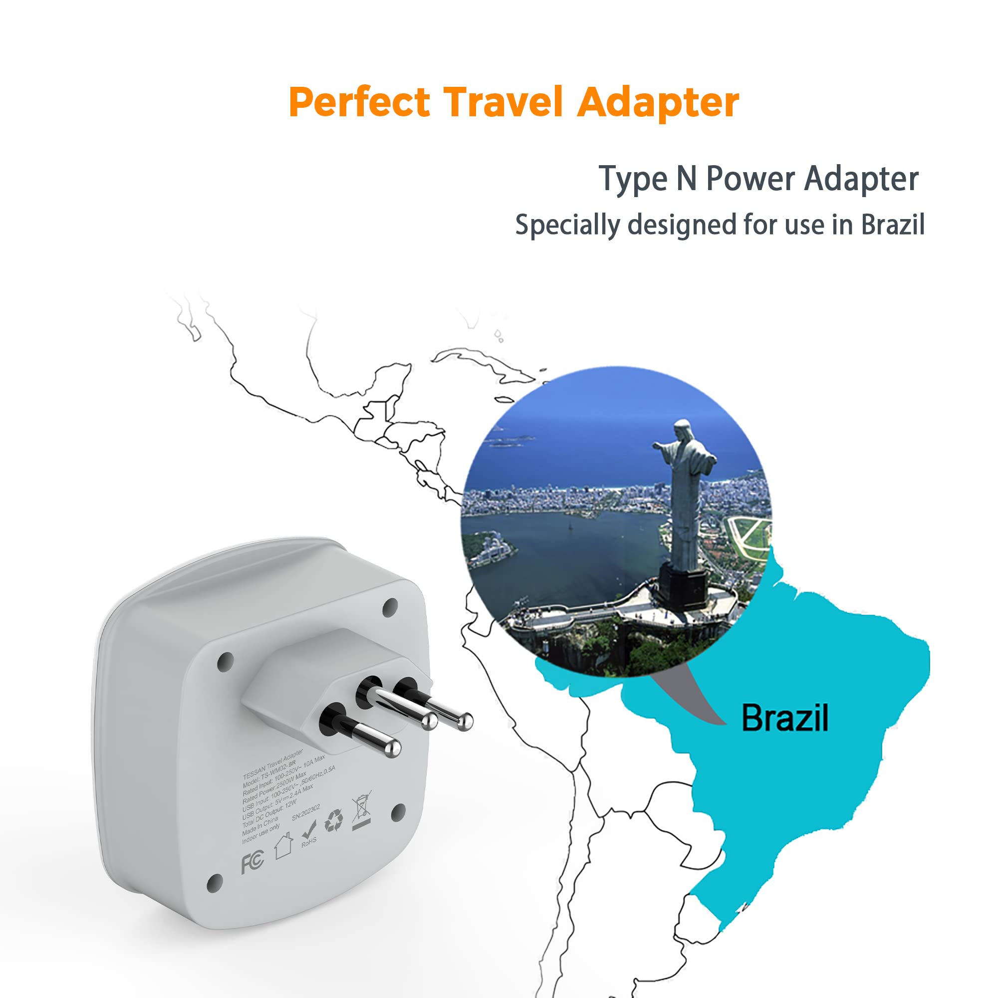 Foto 4 pulgar | Adaptador De Corriente Tessan De Ee. Uu. A Brasil Tipo N Con 2 Salidas, 2 Usb - Venta Internacional.