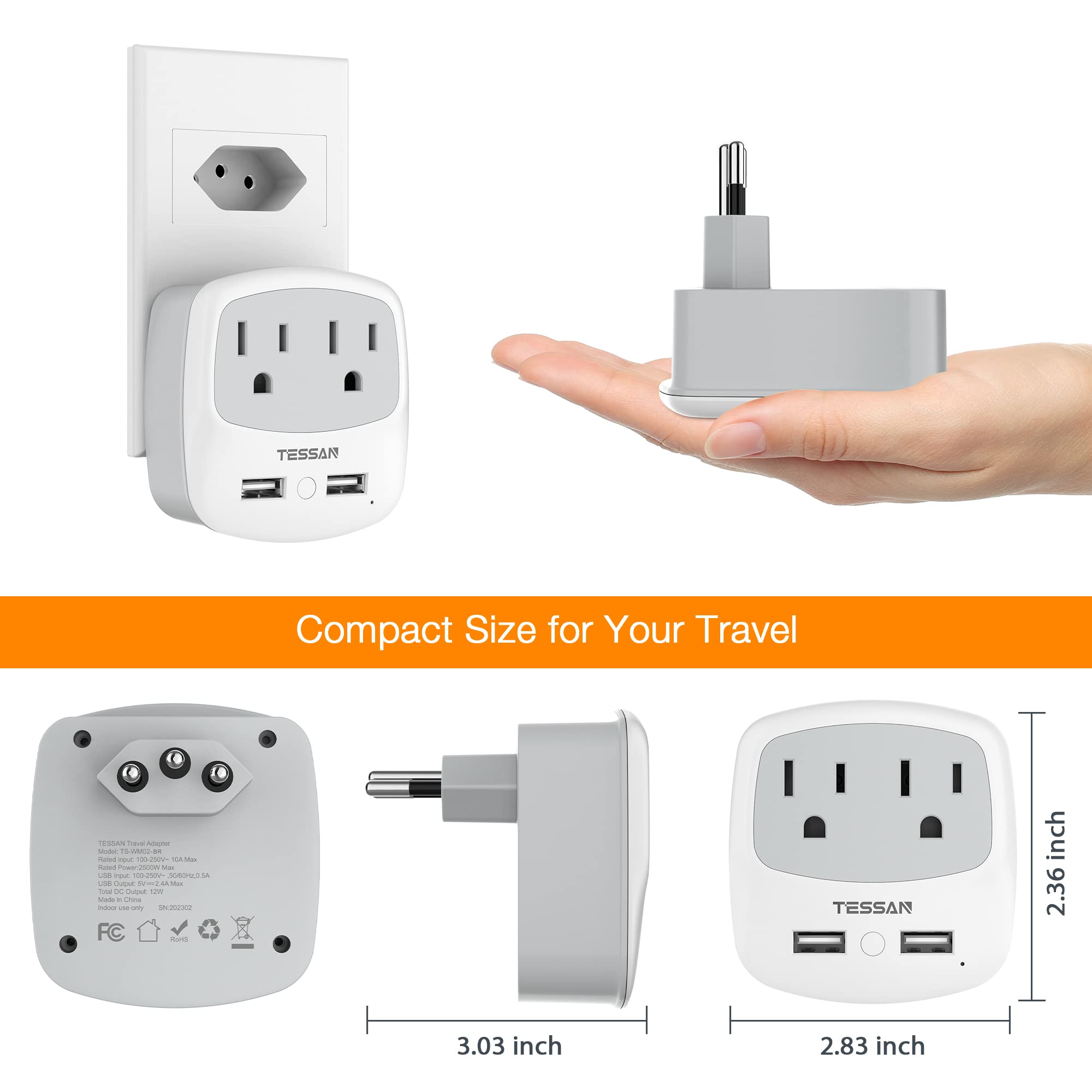 Foto 7 pulgar | Adaptador De Corriente Tessan De Ee. Uu. A Brasil Tipo N Con 2 Salidas, 2 Usb - Venta Internacional.