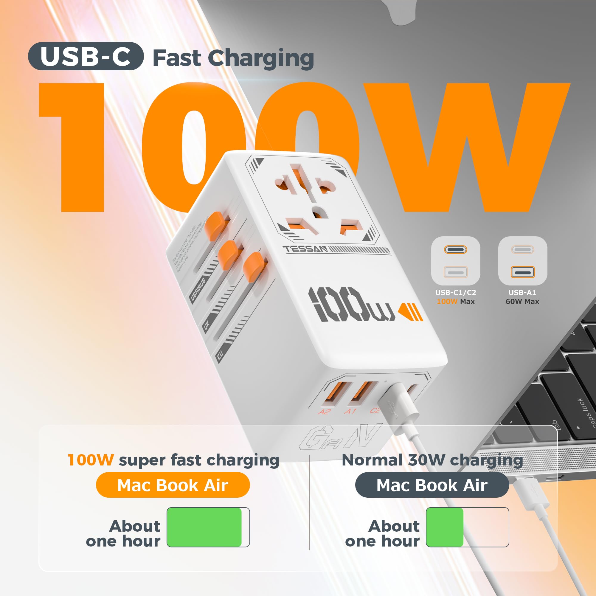 Foto 4 pulgar | Adaptador De Viaje Universal Tessan 100 W Gan Con 2 Usb C 2 Usb A - Venta Internacional.