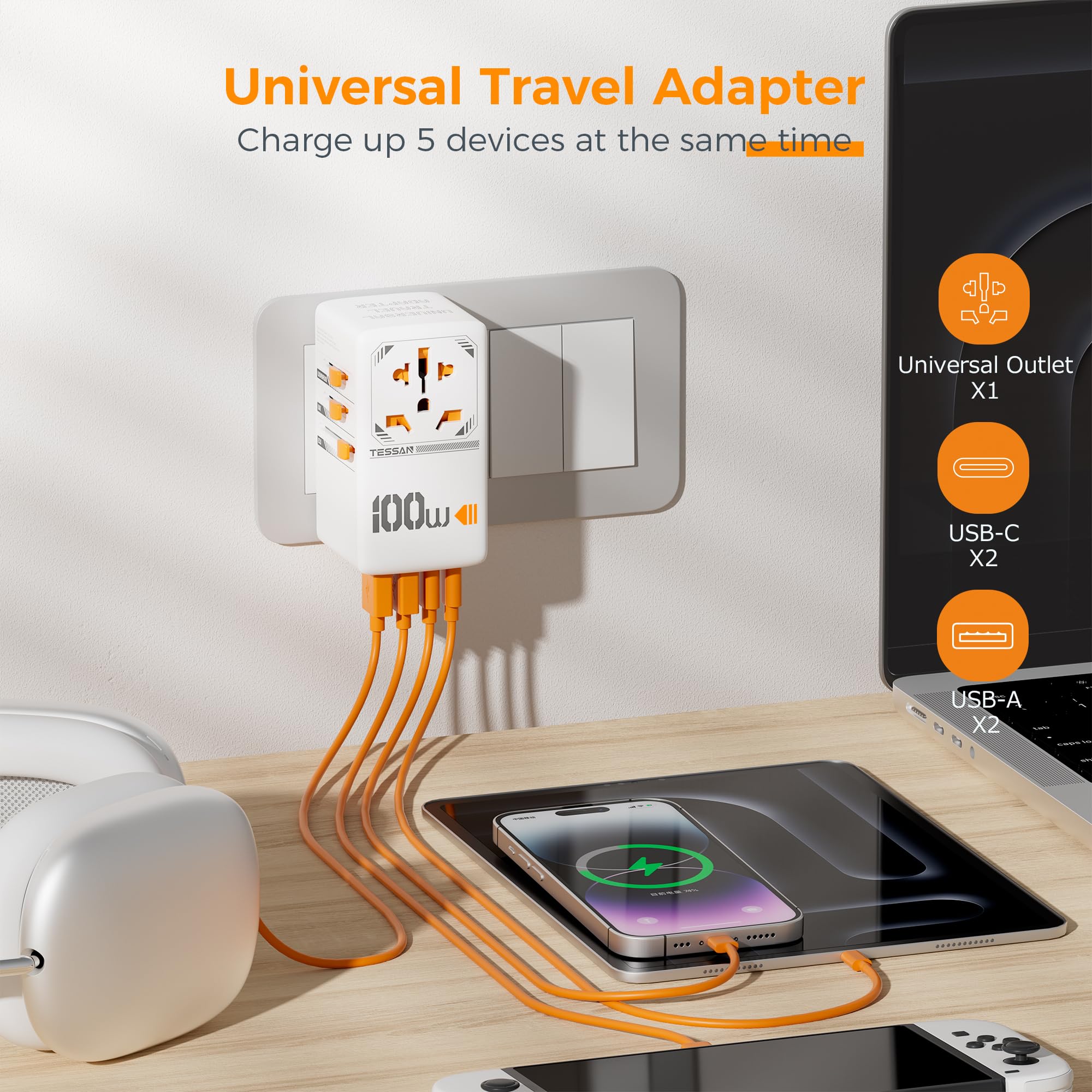 Foto 5 pulgar | Adaptador De Viaje Universal Tessan 100 W Gan Con 2 Usb C 2 Usb A - Venta Internacional.