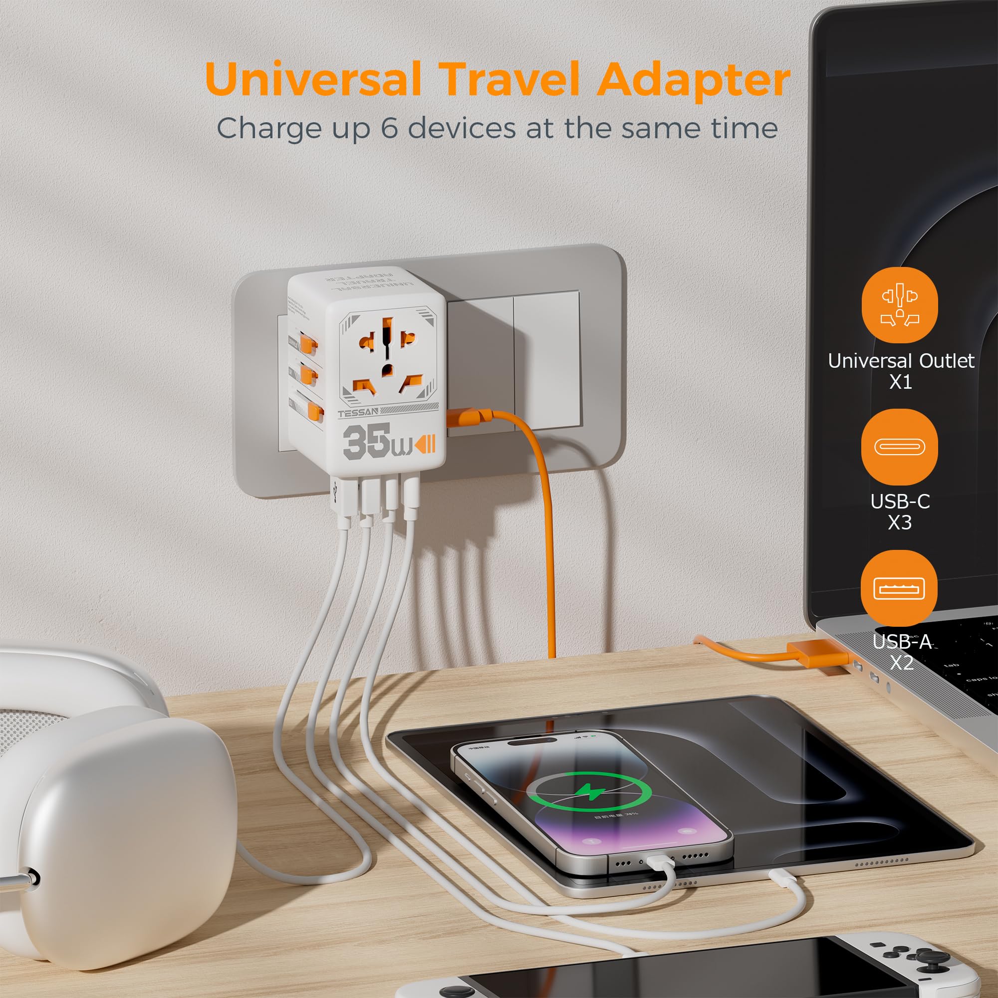 Foto 4 | Adaptador De Viaje Tessan 35 W Universal Con 3 Usb C Y 2 Usb A - Venta Internacional.