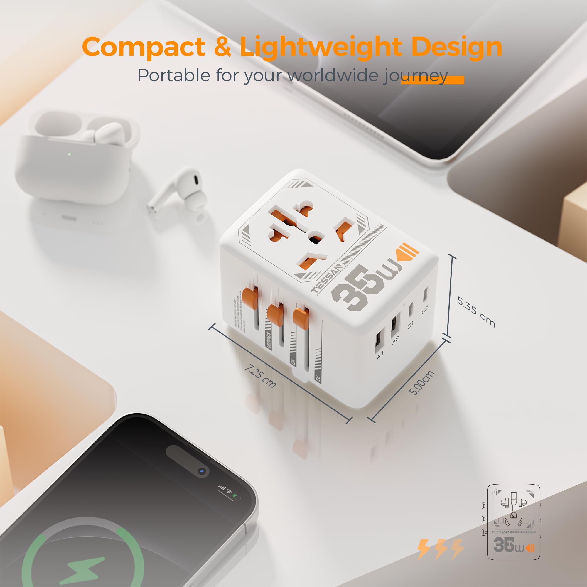 Foto 6 | Adaptador De Viaje Tessan 35 W Universal Con 3 Usb C Y 2 Usb A - Venta Internacional.