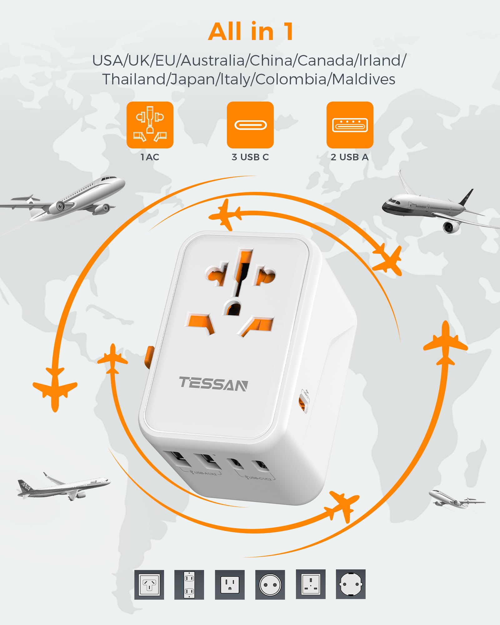 Foto 2 | Adaptador De Viaje Tessan Universal Gan 65w Con 3 Usb C Y 2 Usb A - Venta Internacional.