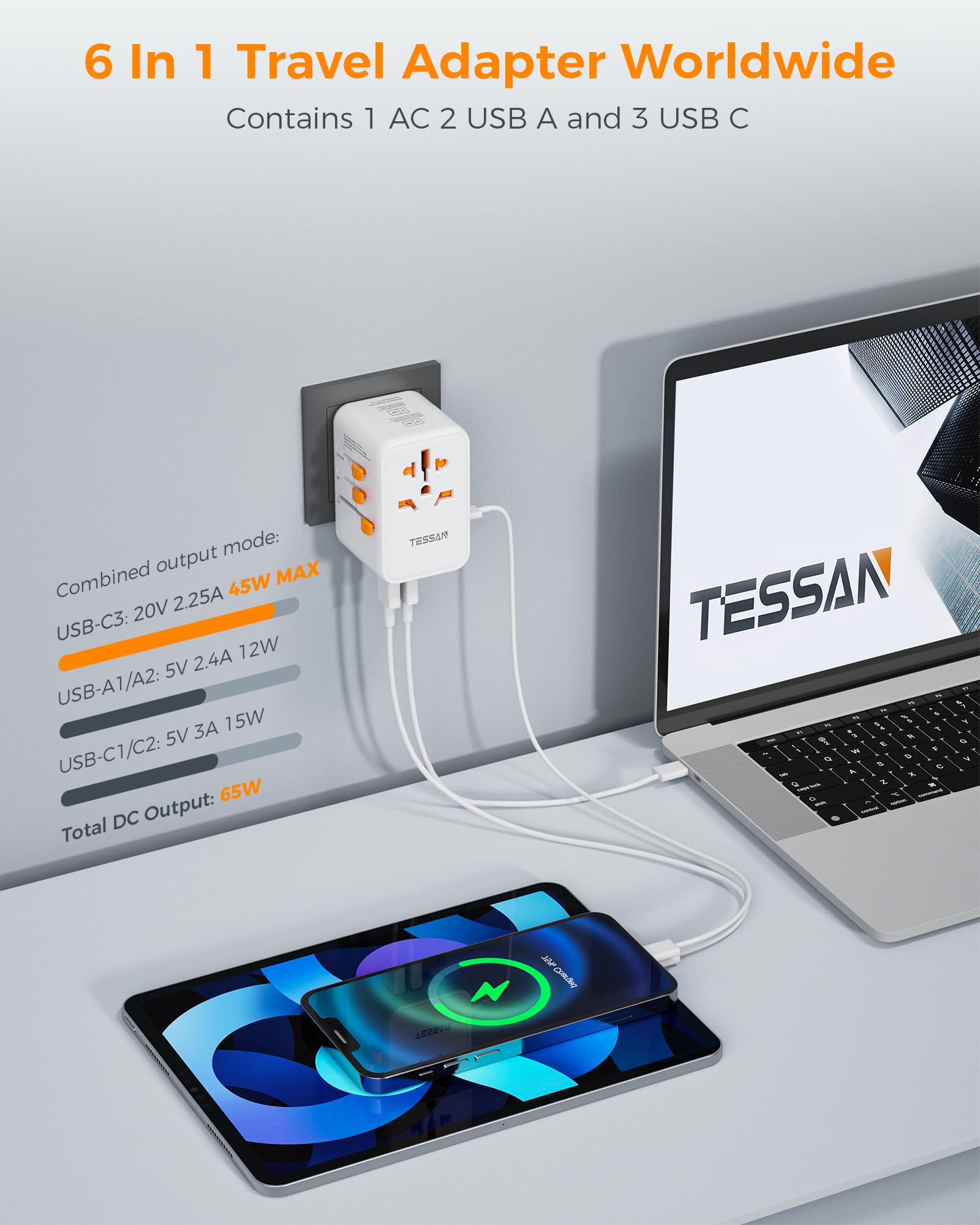 Foto 4 pulgar | Adaptador De Viaje Tessan Universal Gan 65w Con 3 Usb C Y 2 Usb A - Venta Internacional.