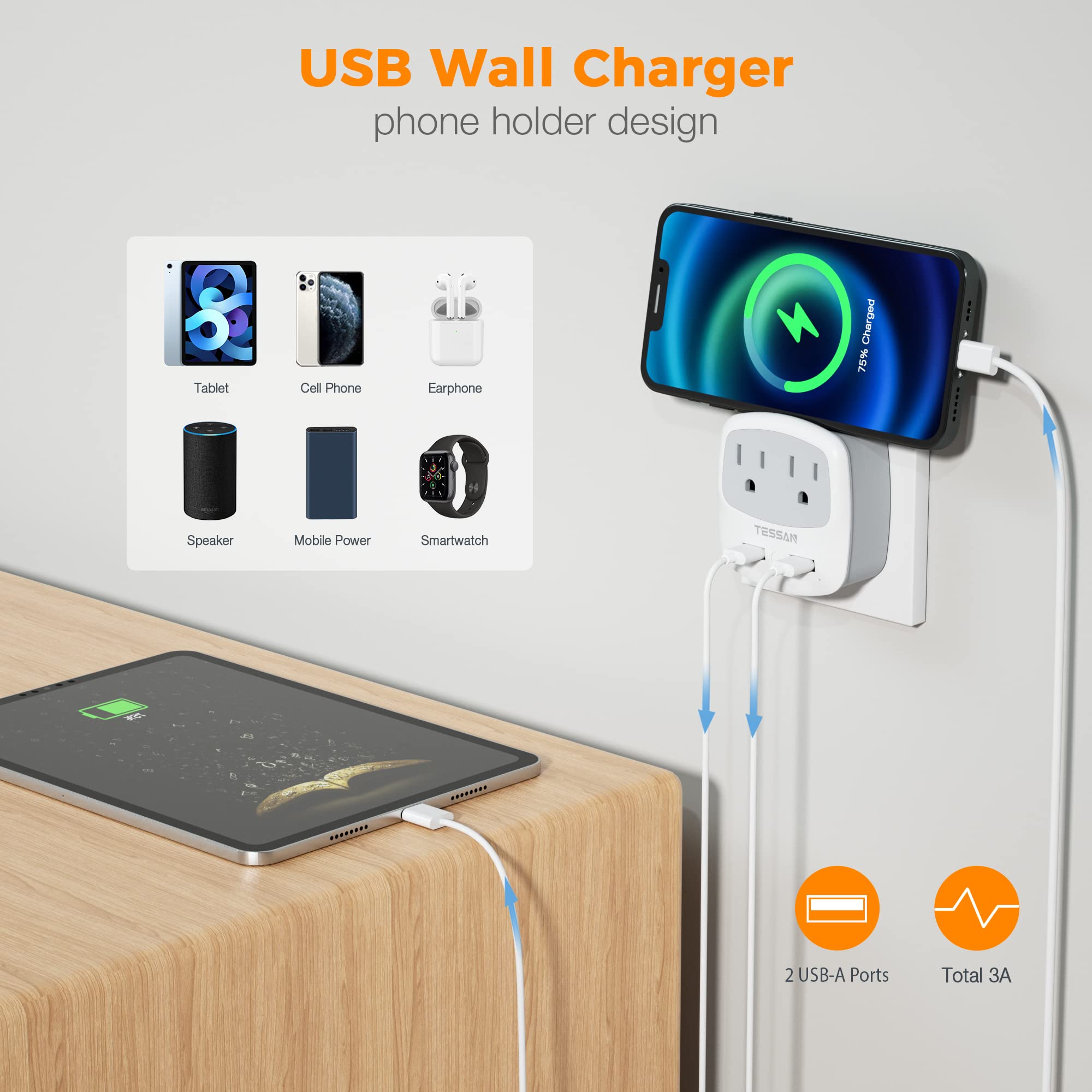 Foto 5 pulgar | Adaptador De Corriente Tessan Tipo M, Adaptador De Viaje Con 2 Puertos Usb - Venta Internacional.