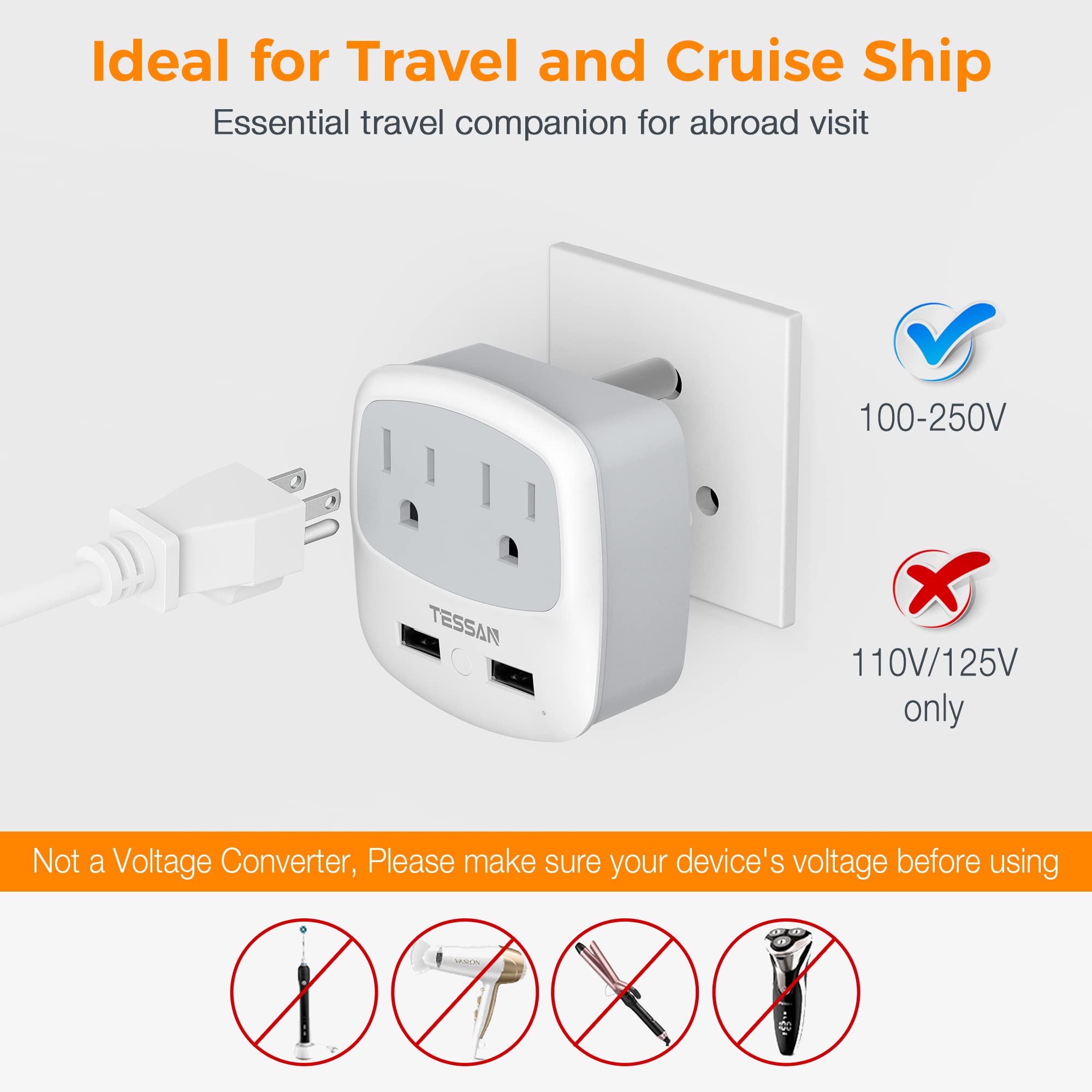 Foto 6 pulgar | Adaptador De Corriente Tessan Tipo M, Adaptador De Viaje Con 2 Puertos Usb - Venta Internacional.