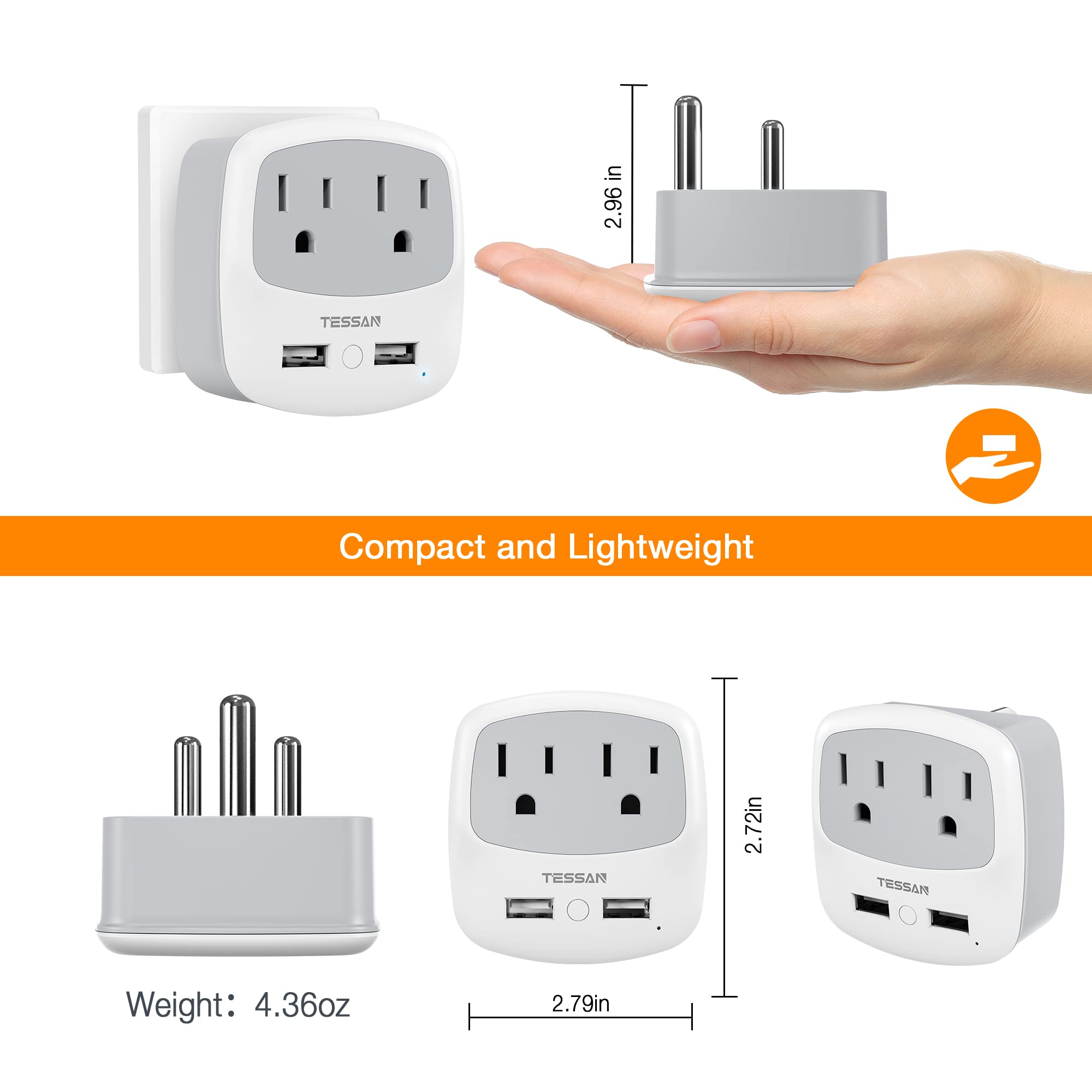 Foto 7 pulgar | Adaptador De Corriente Tessan Tipo M, Adaptador De Viaje Con 2 Puertos Usb - Venta Internacional.