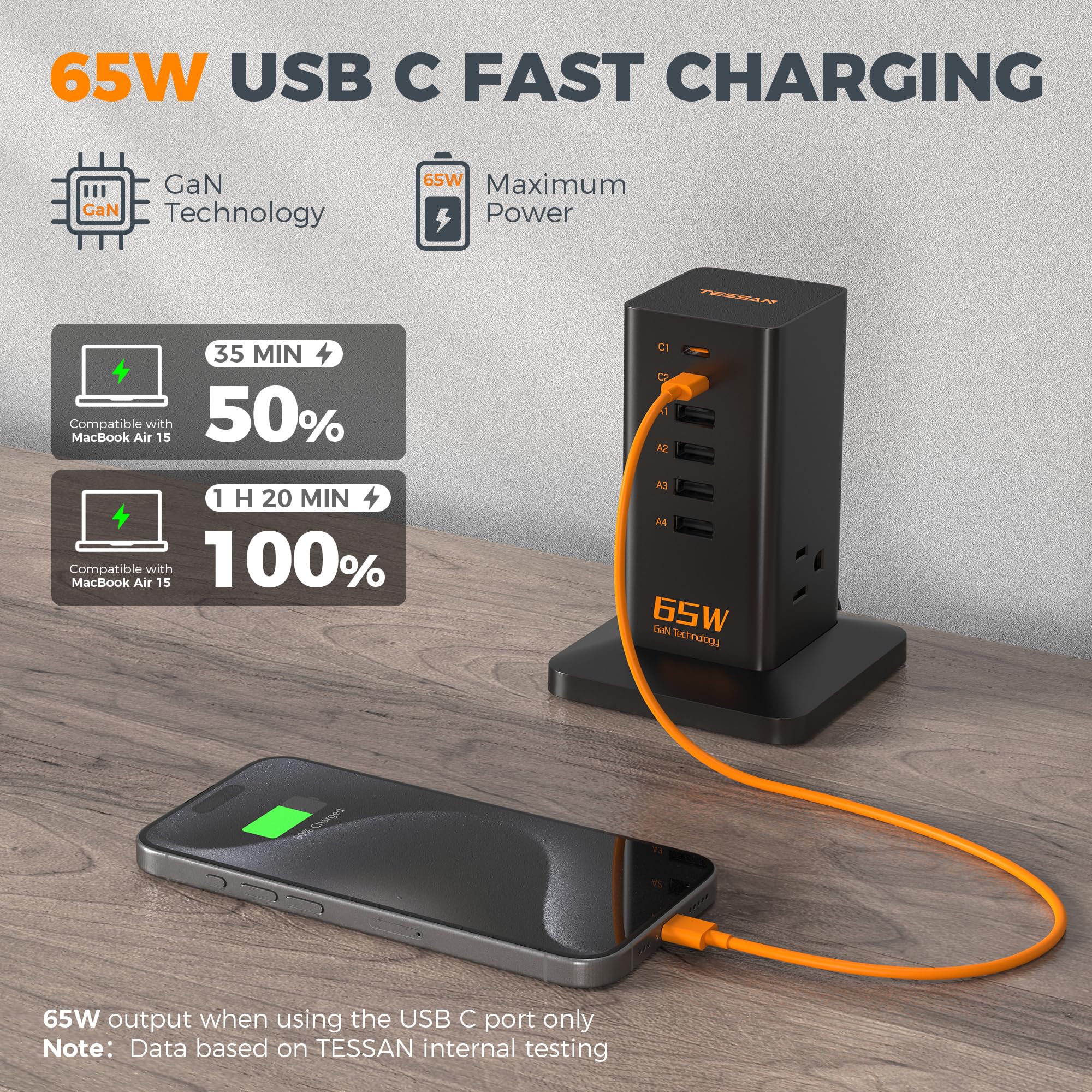 Foto 4 pulgar | Estación De Carga De Escritorio Tessan, Cargador Rápido Usb De 65 W Y 6 Puertos - Venta Internacional.