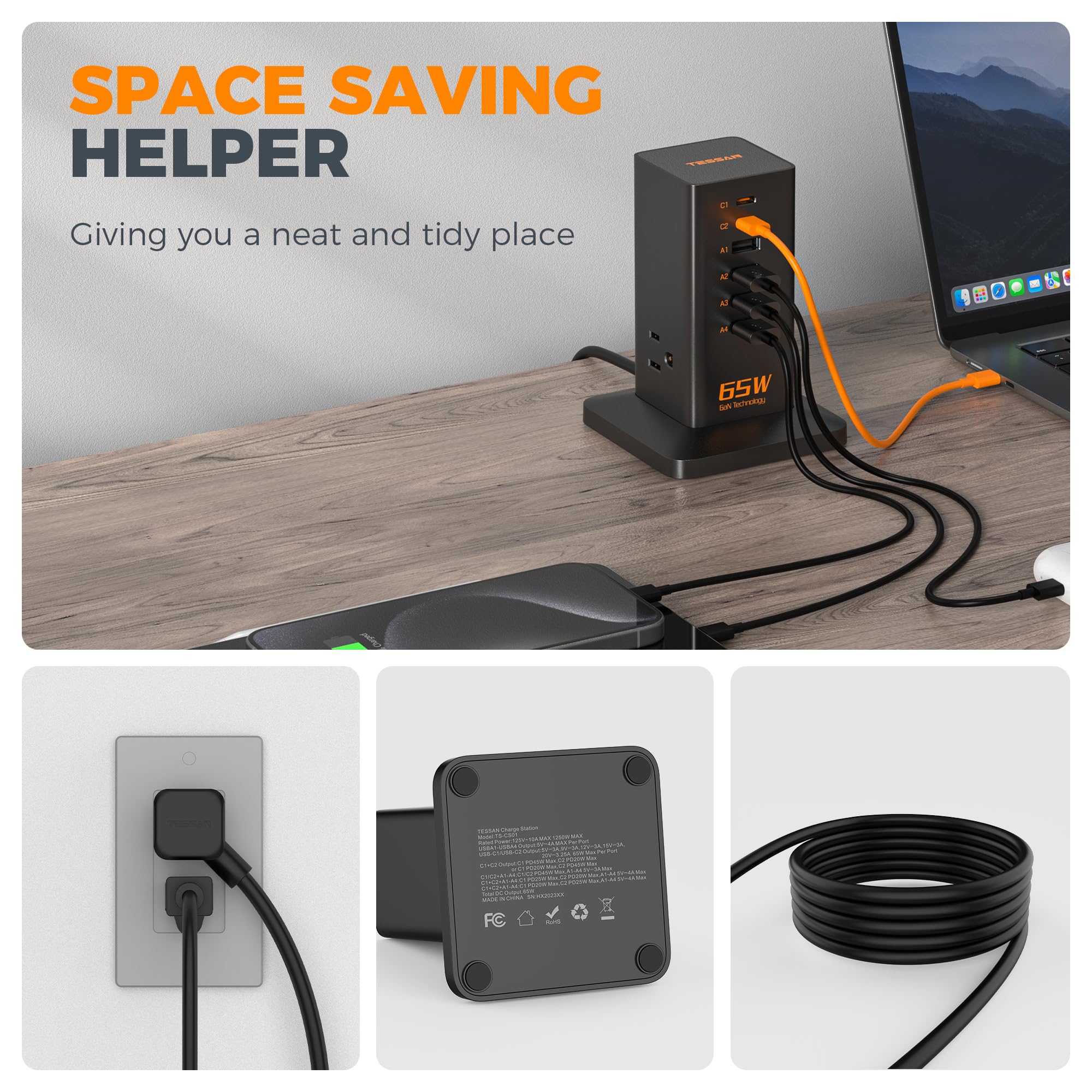 Foto 6 pulgar | Estación De Carga De Escritorio Tessan, Cargador Rápido Usb De 65 W Y 6 Puertos - Venta Internacional.