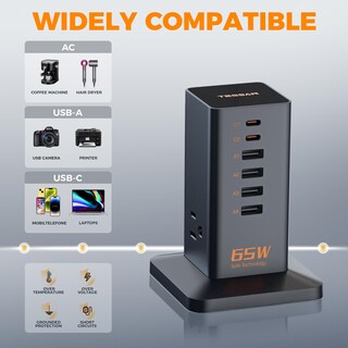 Foto 6 | Estación De Carga De Escritorio Tessan, Cargador Rápido Usb De 65 W Y 6 Puertos - Venta Internacional.