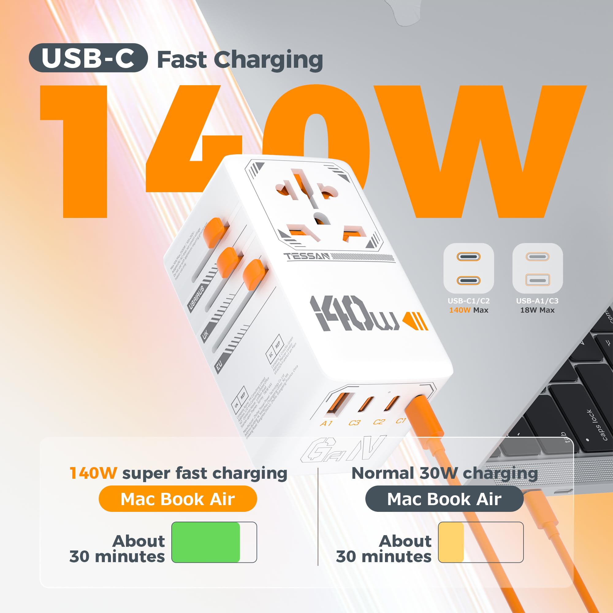 Foto 2 | Adaptador De Viaje Universal Tessan 140 W Con 4 Puertos Usb - Venta Internacional.