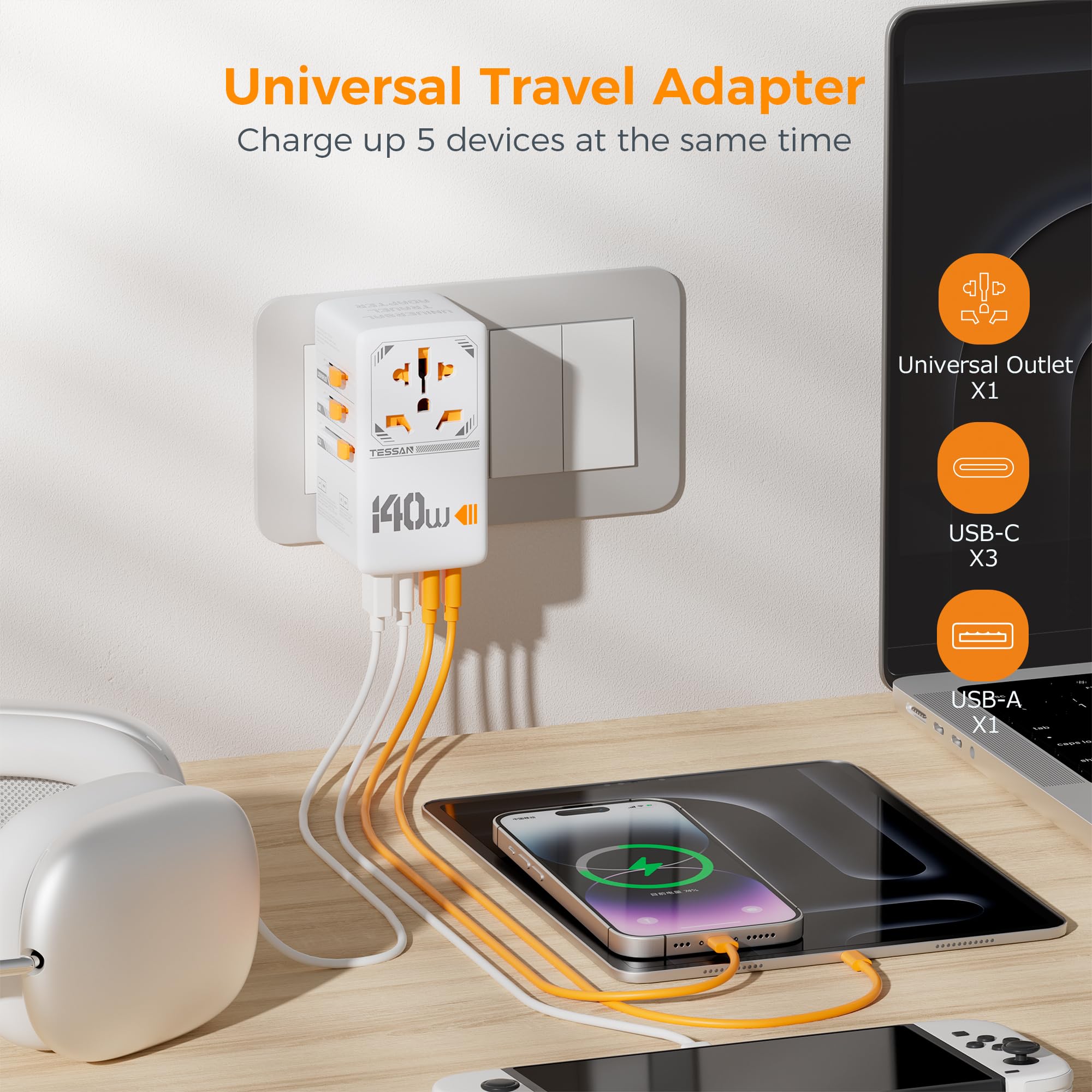 Foto 5 pulgar | Adaptador De Viaje Universal Tessan 140 W Con 4 Puertos Usb - Venta Internacional.