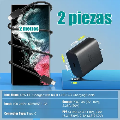 Foto 5 pulgar | Cargador Tipo C De 45w Para Samsung S23 S24 Ultra 2 Piezas