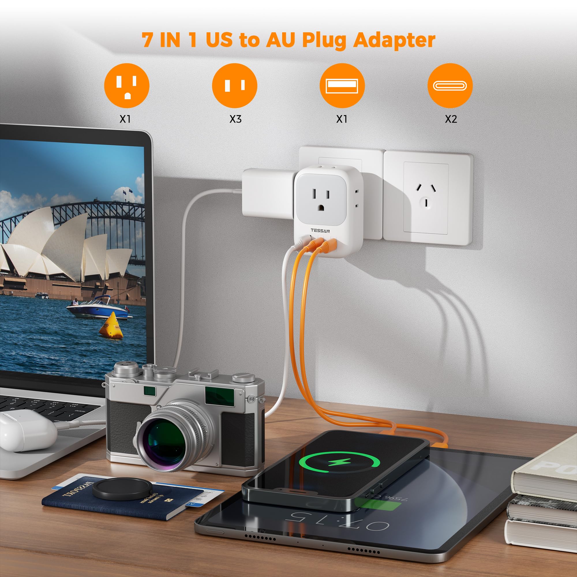 Foto 2 | Adaptador De Corriente Tessan Australia Nueva Zelanda Con 4 Salidas Y 3 Usb - Venta Internacional.