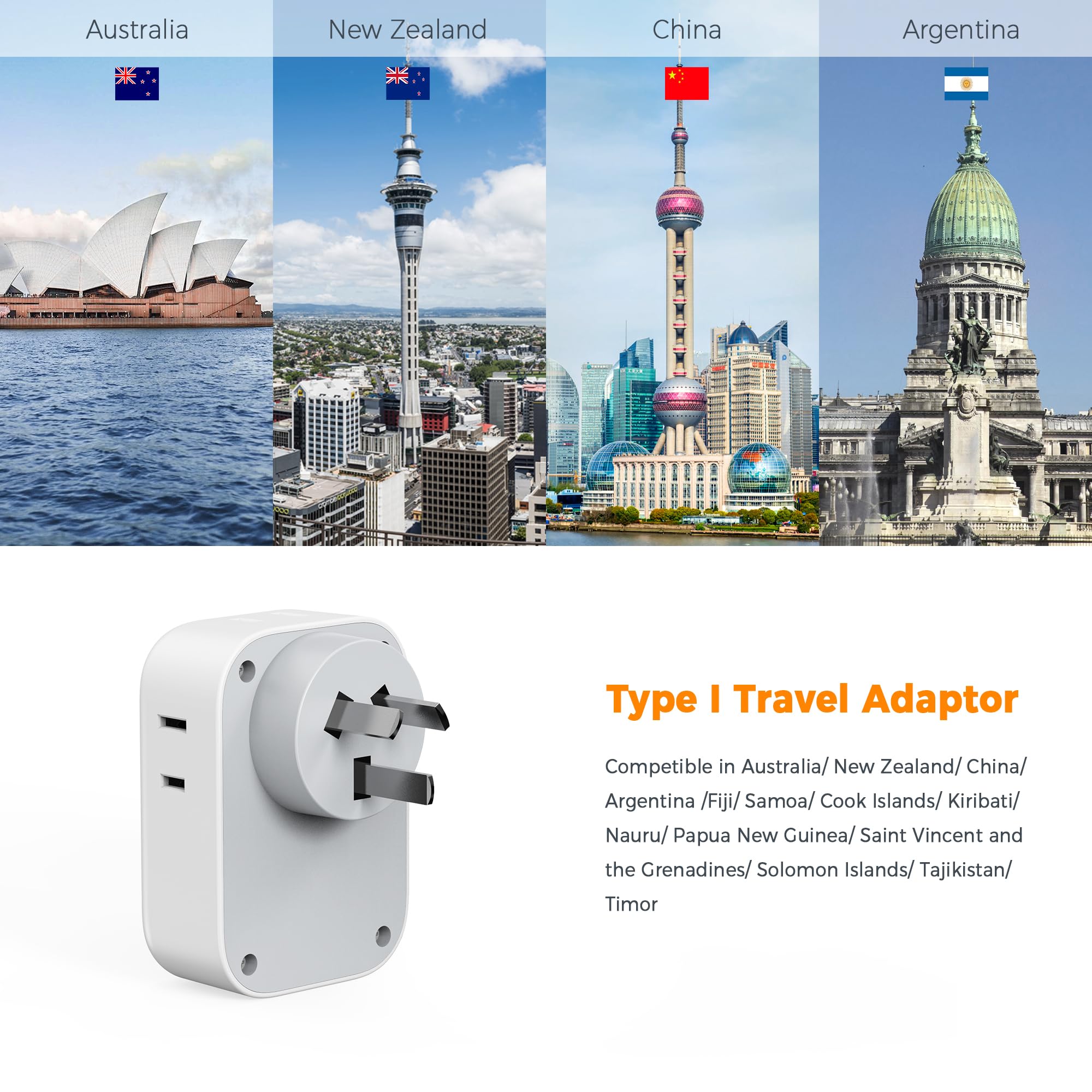 Foto 3 | Adaptador De Corriente Tessan Australia Nueva Zelanda Con 4 Salidas Y 3 Usb - Venta Internacional.