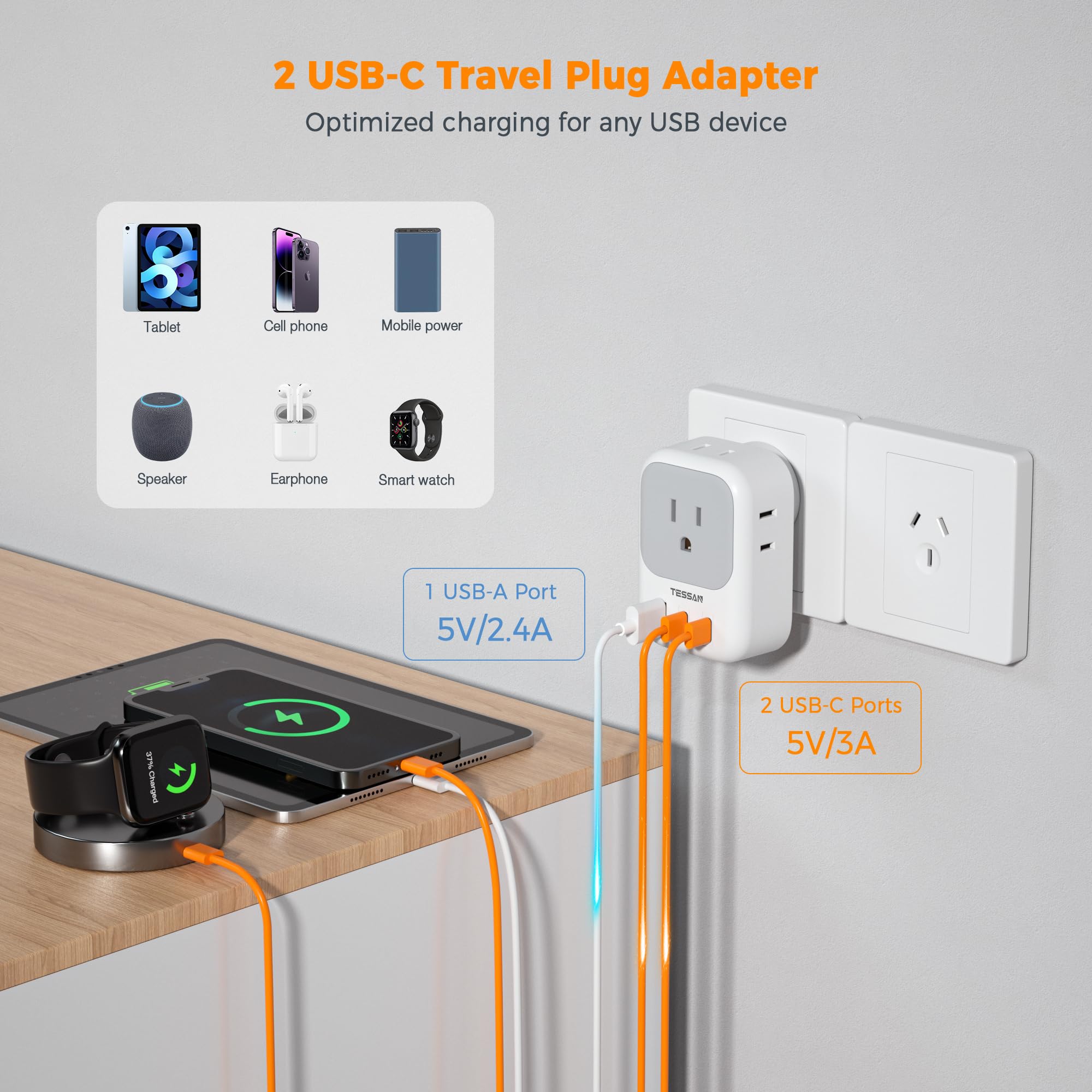 Foto 5 pulgar | Adaptador De Corriente Tessan Australia Nueva Zelanda Con 4 Salidas Y 3 Usb - Venta Internacional.