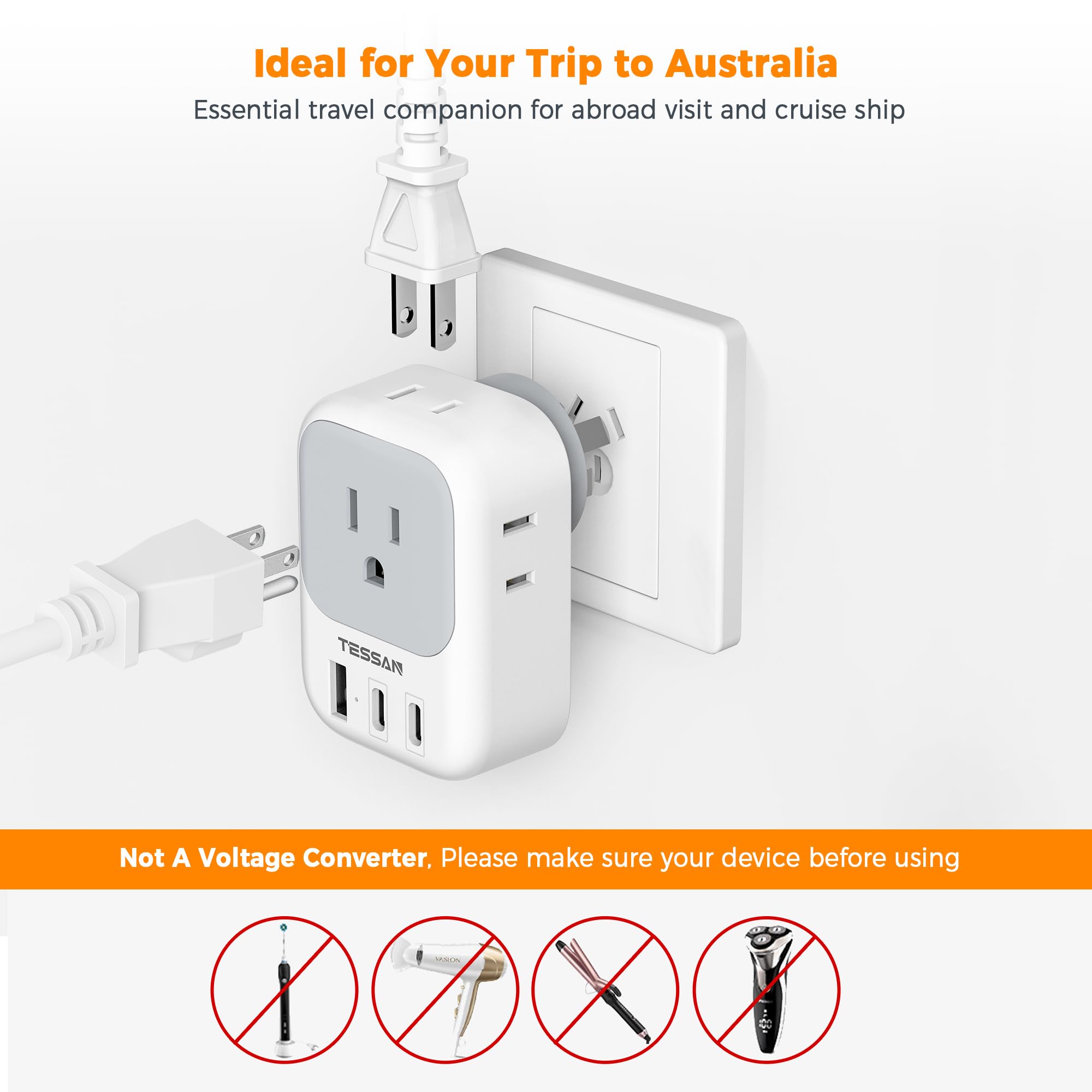 Foto 5 | Adaptador De Corriente Tessan Australia Nueva Zelanda Con 4 Salidas Y 3 Usb - Venta Internacional.