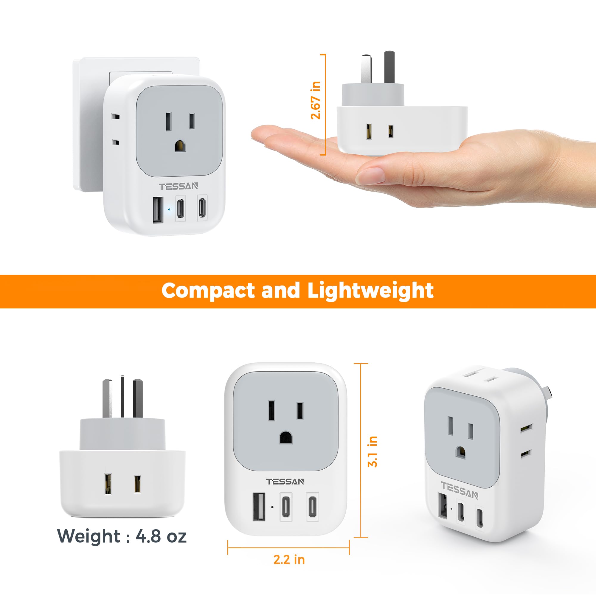 Foto 6 | Adaptador De Corriente Tessan Australia Nueva Zelanda Con 4 Salidas Y 3 Usb - Venta Internacional.
