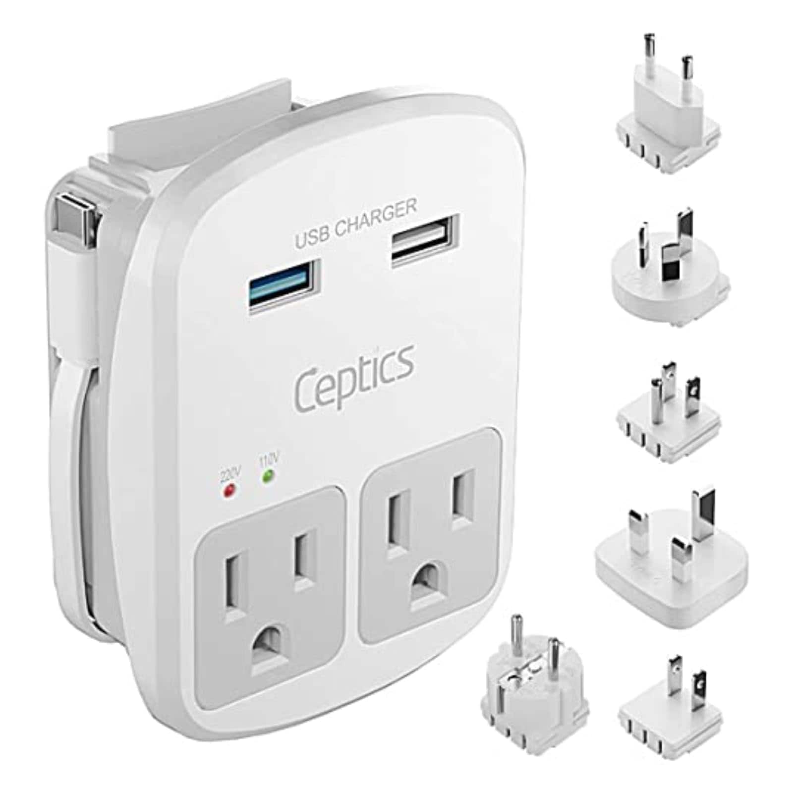 Adaptador De Viaje Ceptics Universal Con 2 Usb, Usb-c Y 2 Enchufes - Venta Internacional.