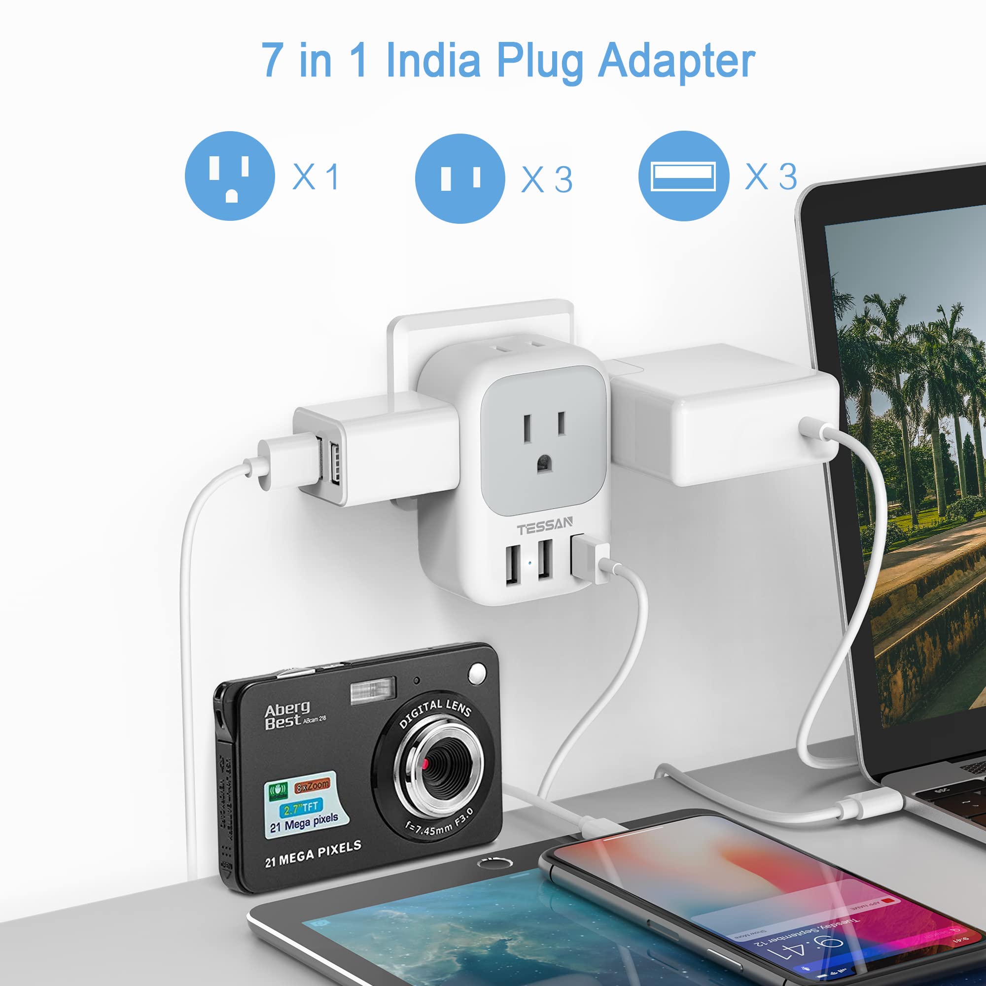 Foto 4 pulgar | Adaptador De Enchufe Tessan De Ee. Uu. A India Tipo D Con 4 Tomas De Corriente Alterna Y 3 Usb - Venta Internacional.