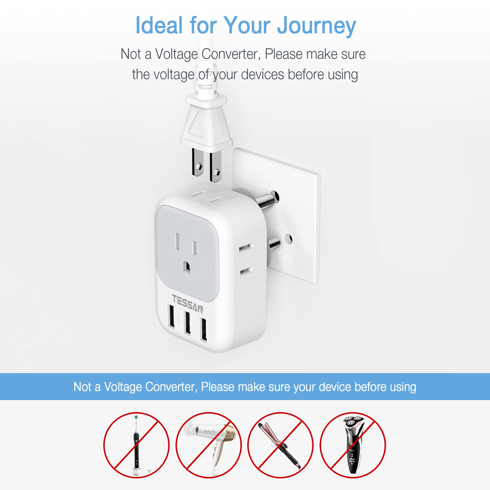 Foto 5 | Adaptador De Enchufe Tessan De Ee. Uu. A India Tipo D Con 4 Tomas De Corriente Alterna Y 3 Usb - Venta Internacional.