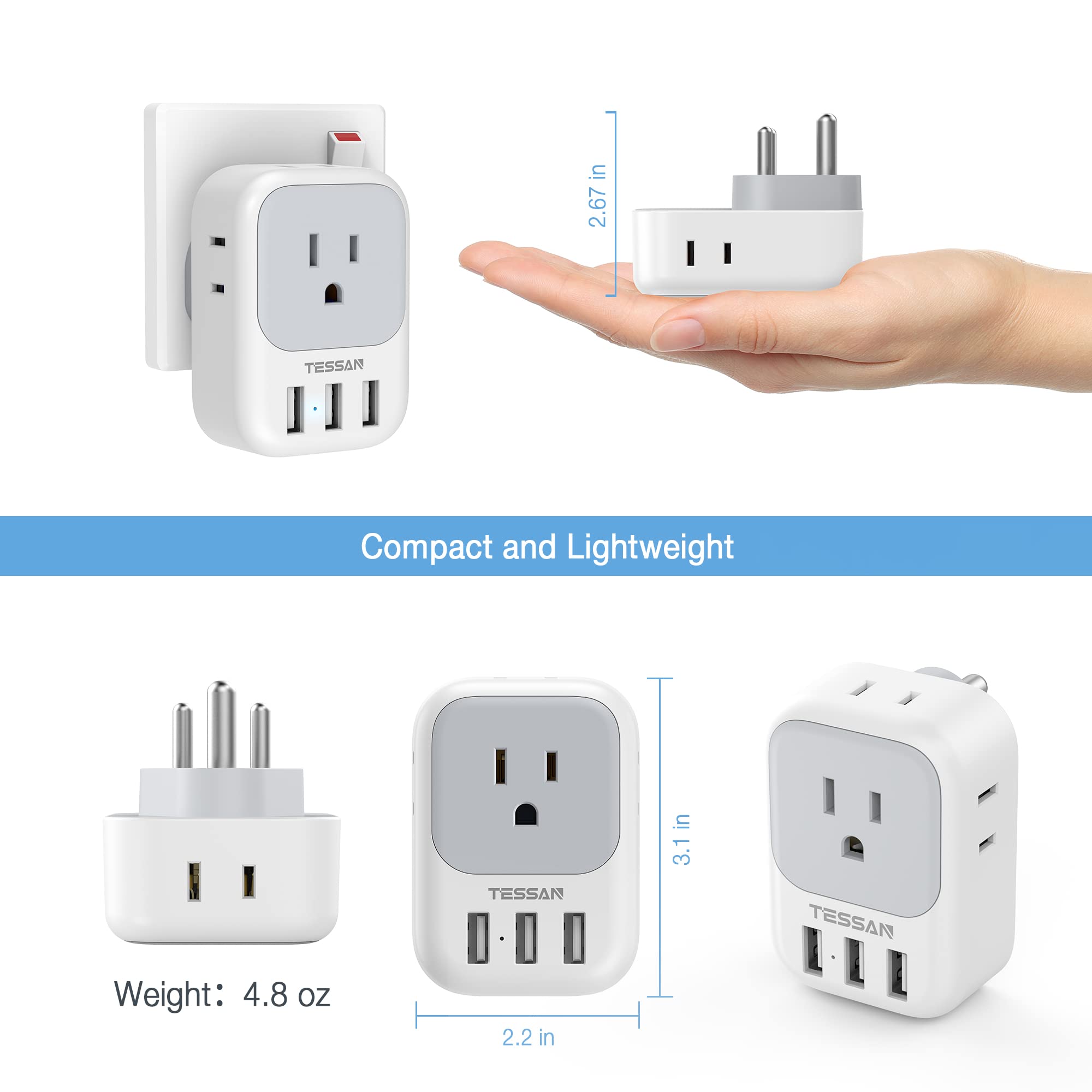 Foto 6 | Adaptador De Enchufe Tessan De Ee. Uu. A India Tipo D Con 4 Tomas De Corriente Alterna Y 3 Usb - Venta Internacional.