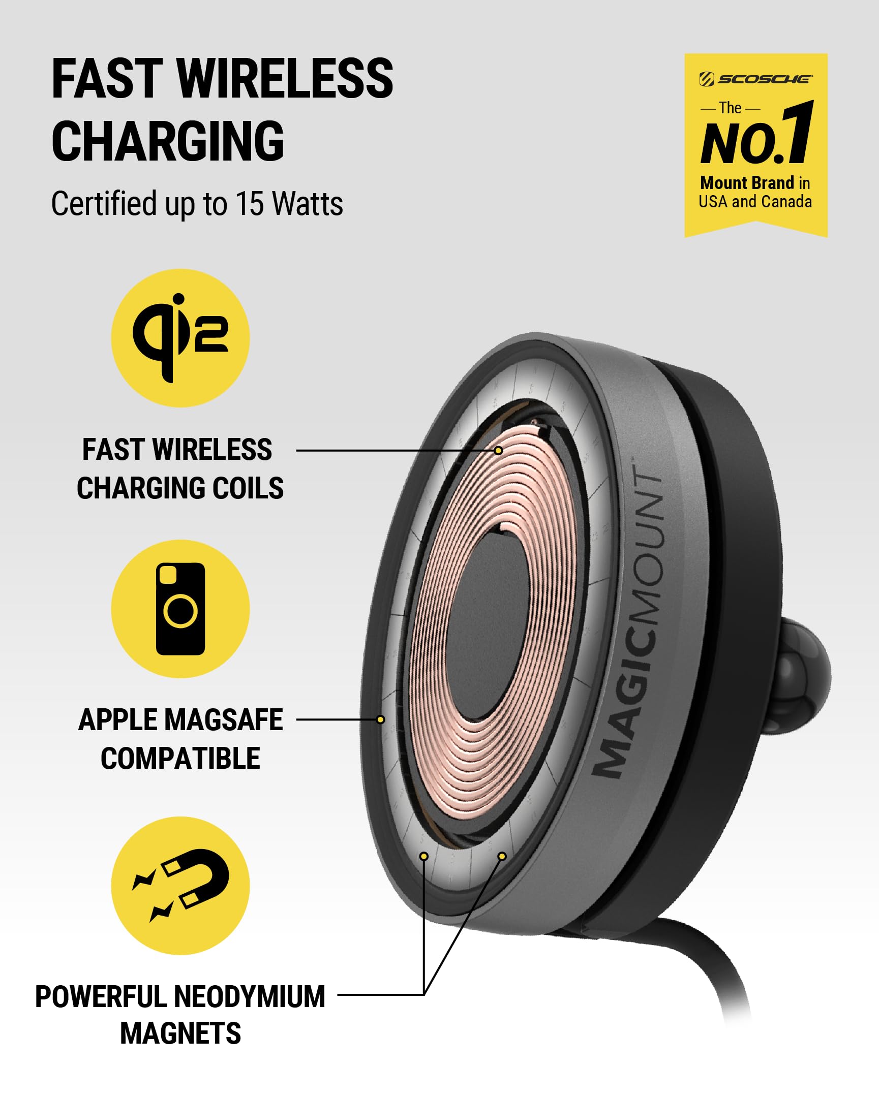 Foto 3 pulgar | Cargador De Coche Inalámbrico Mount Scosche Meqmramps Magicmount Qi2 15w - Venta Internacional.