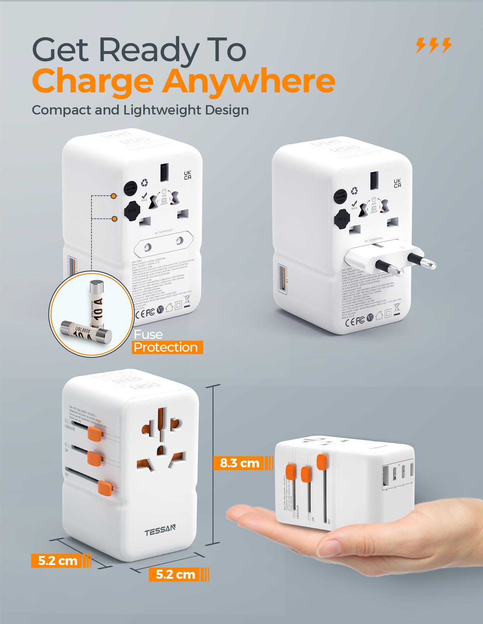 Foto 4 pulgar | Adaptador De Viaje Universal Tessan 85w Gan Con 5 Usb (3 Usb C) - Venta Internacional.