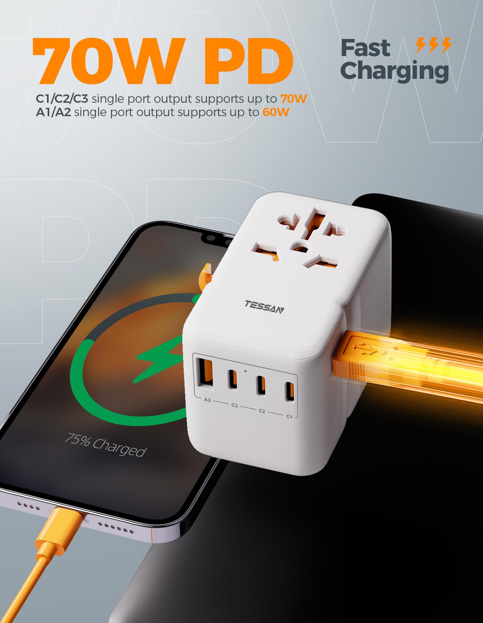 Foto 8 pulgar | Adaptador De Viaje Universal Tessan 85w Gan Con 5 Usb (3 Usb C) - Venta Internacional.