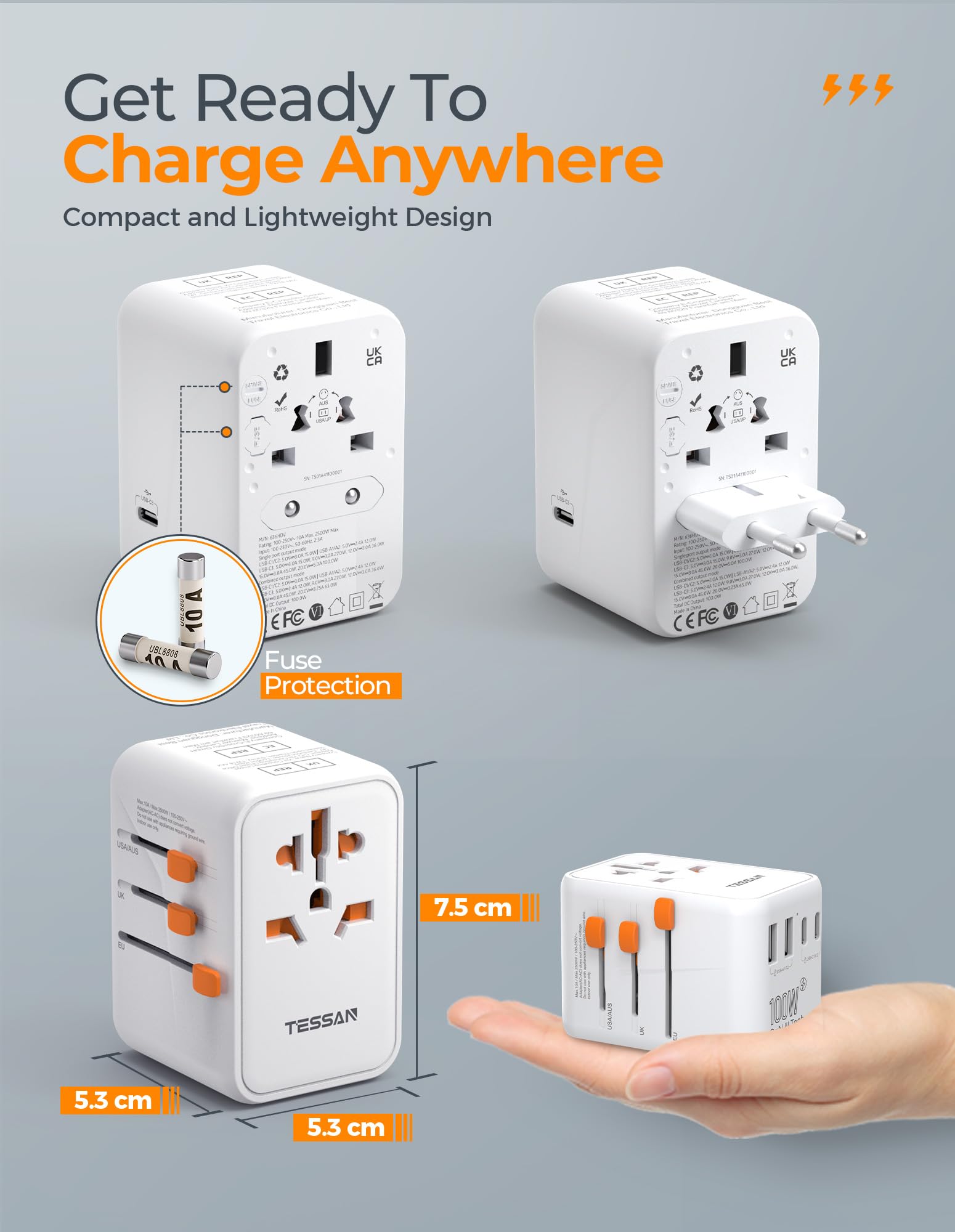 Foto 4 pulgar | Adaptador De Viaje Universal Tessan 100 W Gan Con 5 Usb (3 Usb C) - Venta Internacional.
