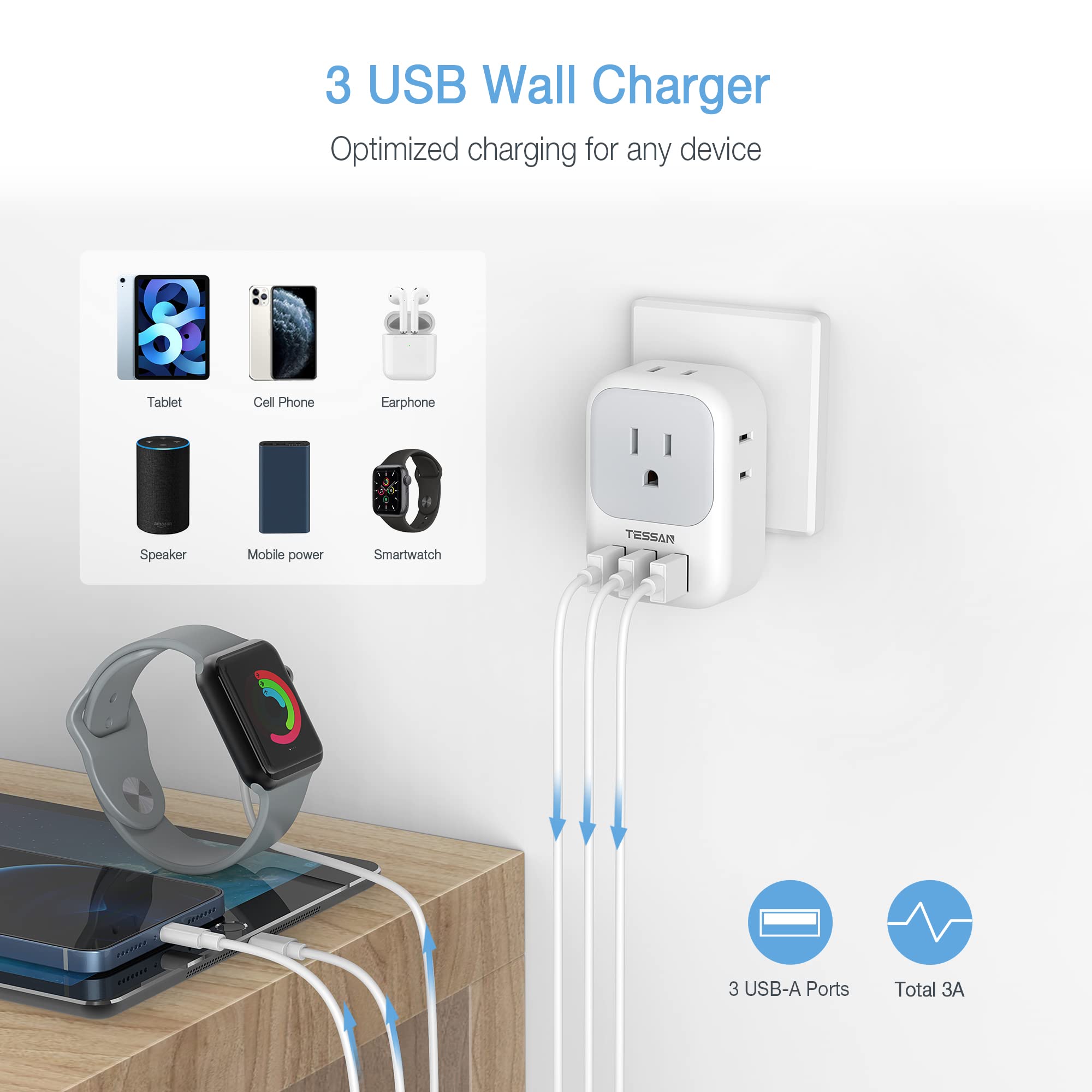 Foto 4 pulgar | Adaptador De Corriente Tessan Type M Travel Plug Con 4 Tomas De Corriente Alterna Y 3 Usb - Venta Internacional.