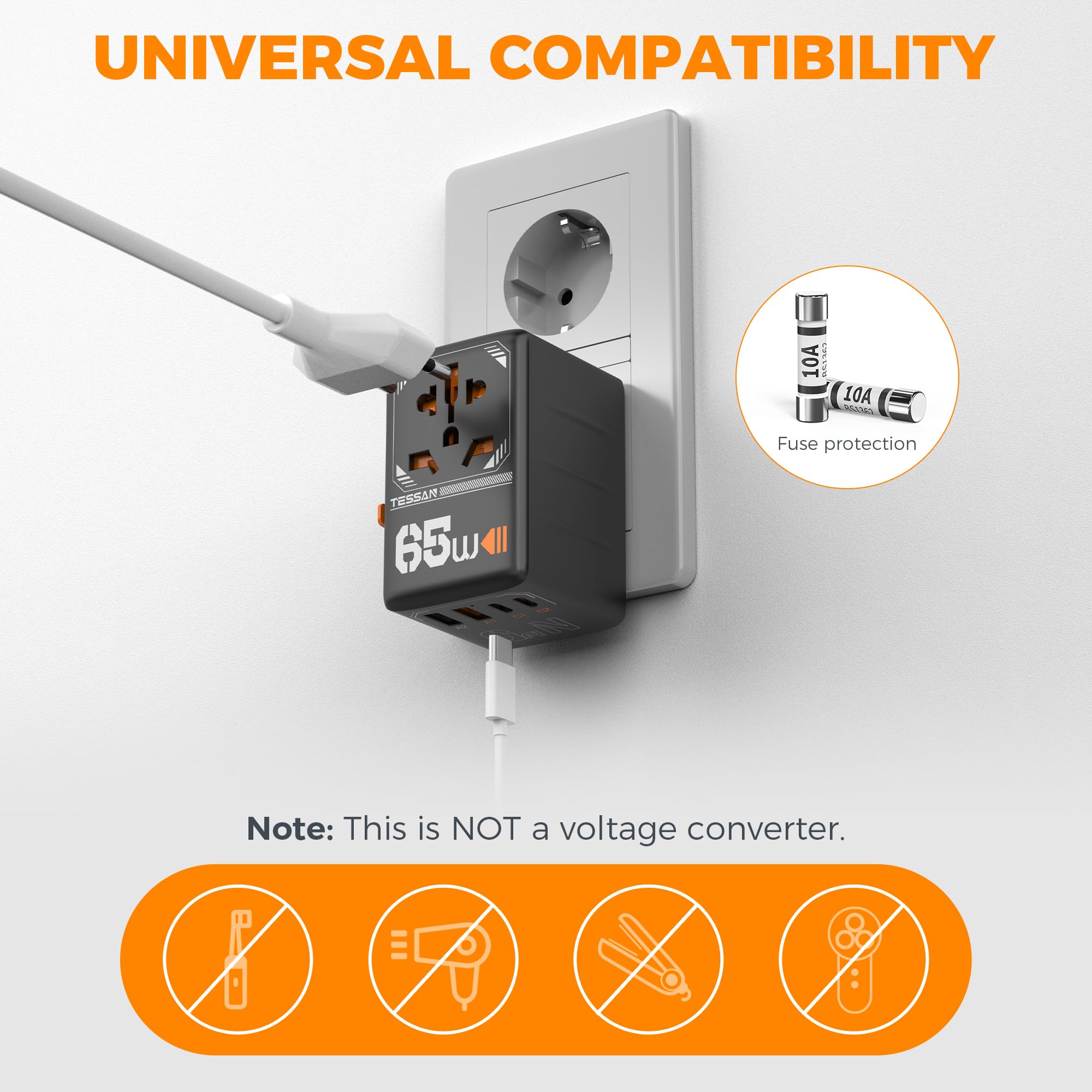 Foto 6 pulgar | Adaptador De Viaje Tessan Universal Gan 65w Con 4 Puertos Usb 5 En 1 - Venta Internacional.