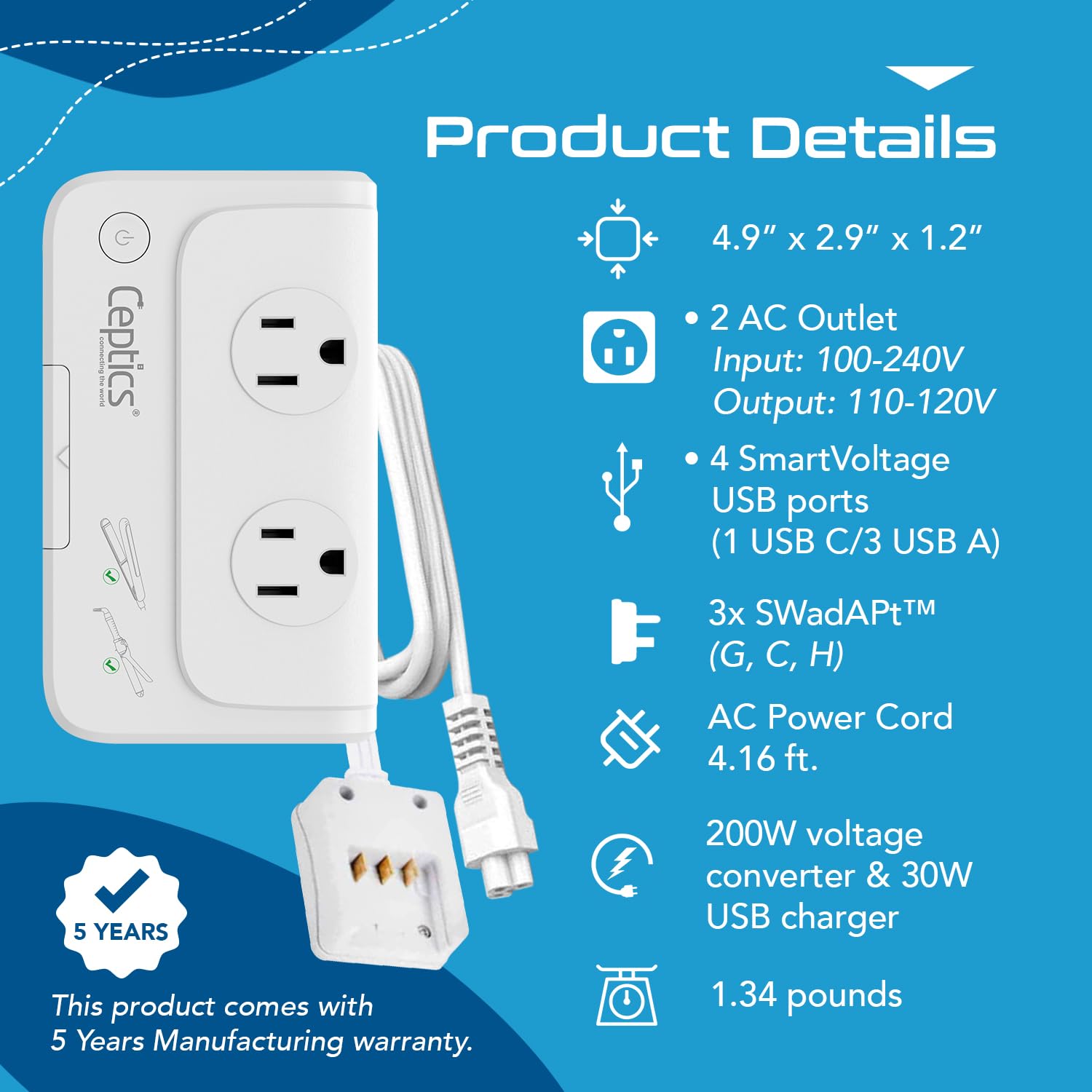 Foto 8 pulgar | Convertidor De Voltaje Ceptics Egypt, Dubai, Jordania 220v A 110v - Venta Internacional.