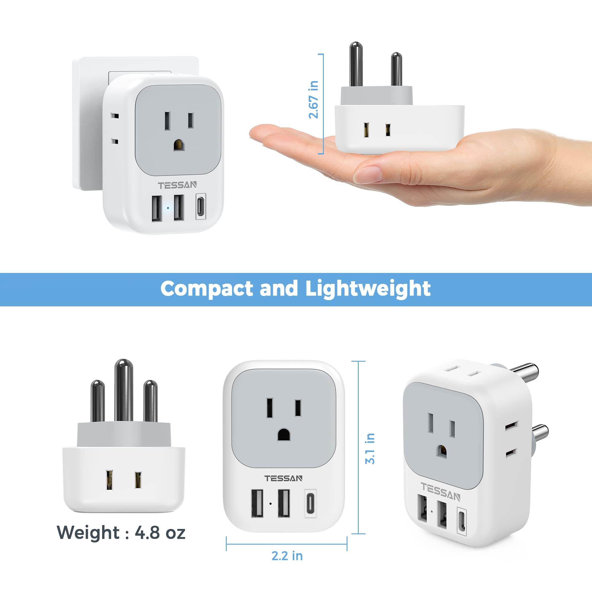 Foto 6 pulgar | Adaptador De Corriente Tessan Sudáfrica Tipo M Con 4 Salidas, 3 Usb - Venta Internacional.