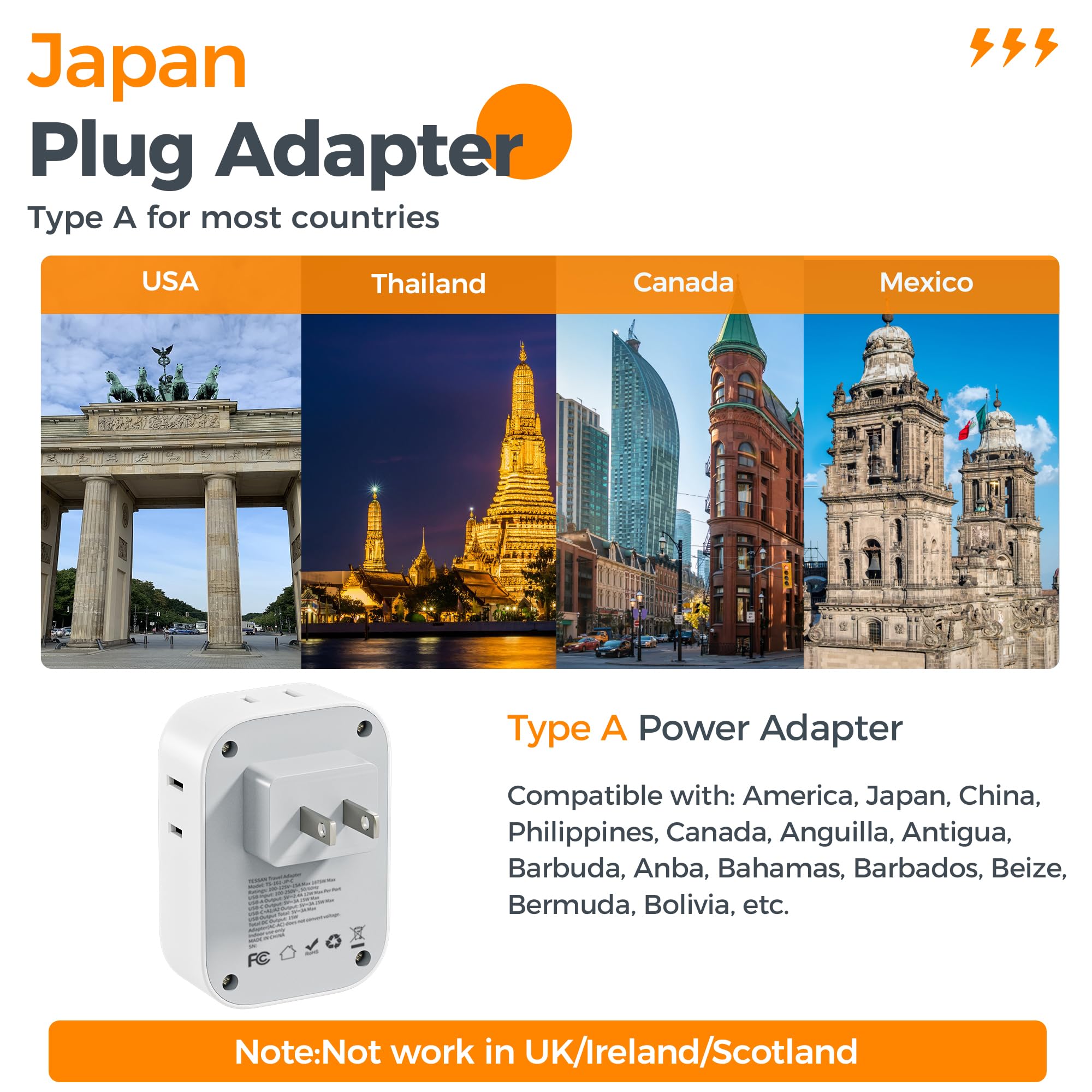 Foto 3 pulgar | Adaptador De Viaje Tessan Tipo A Con 4 Salidas Y 3 Puertos Usb - Venta Internacional.
