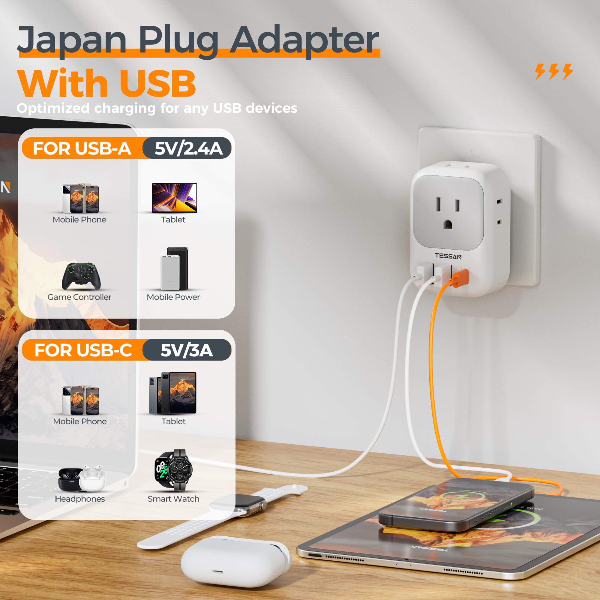 Foto 4 pulgar | Adaptador De Viaje Tessan Tipo A Con 4 Salidas Y 3 Puertos Usb - Venta Internacional.