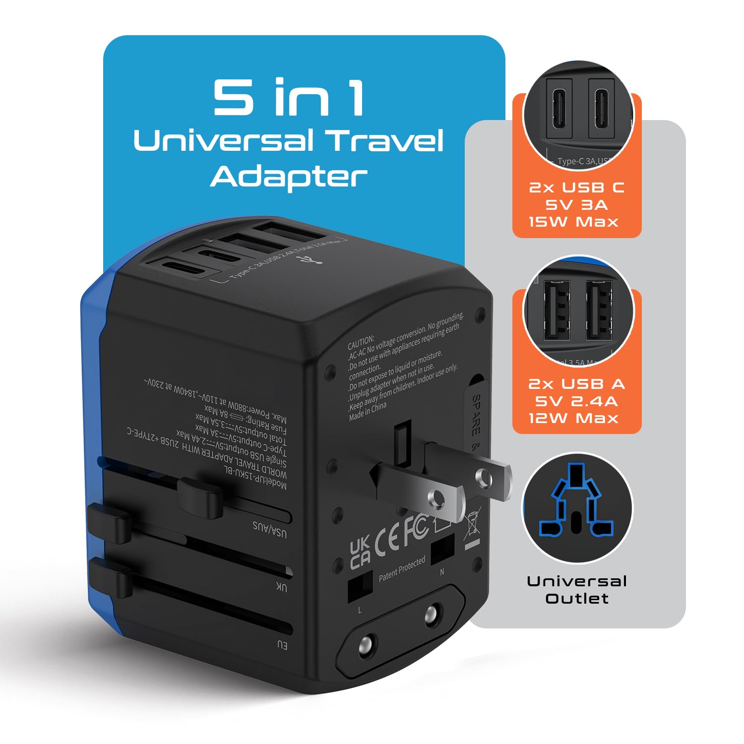 Foto 3 pulgar | Adaptador De Viaje Ceptics Universal 5 En 1 Con Usb-a Y Usb-c De 3,5 A - Venta Internacional.