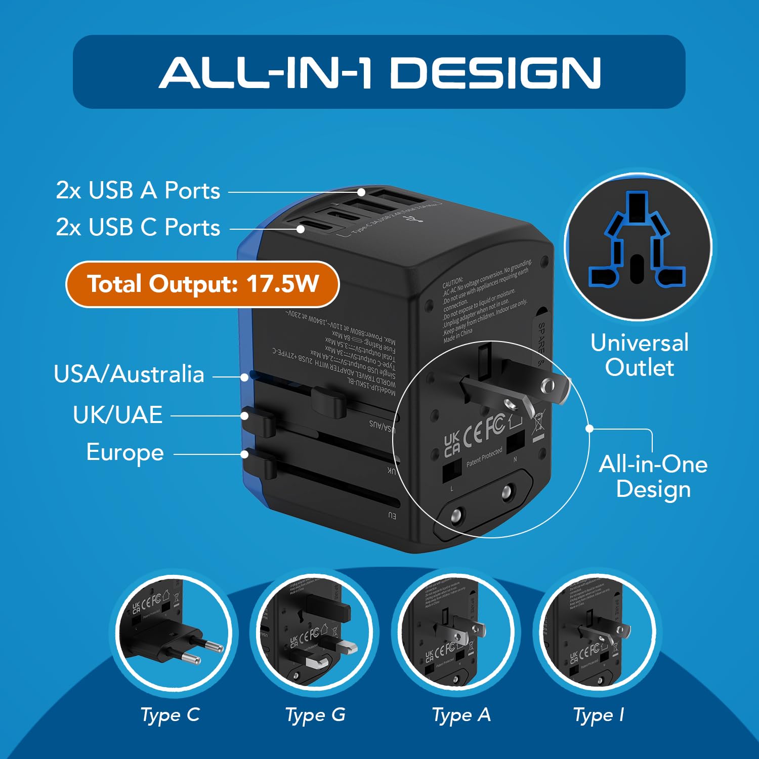 Foto 4 pulgar | Adaptador De Viaje Ceptics Universal 5 En 1 Con Usb-a Y Usb-c De 3,5 A - Venta Internacional.