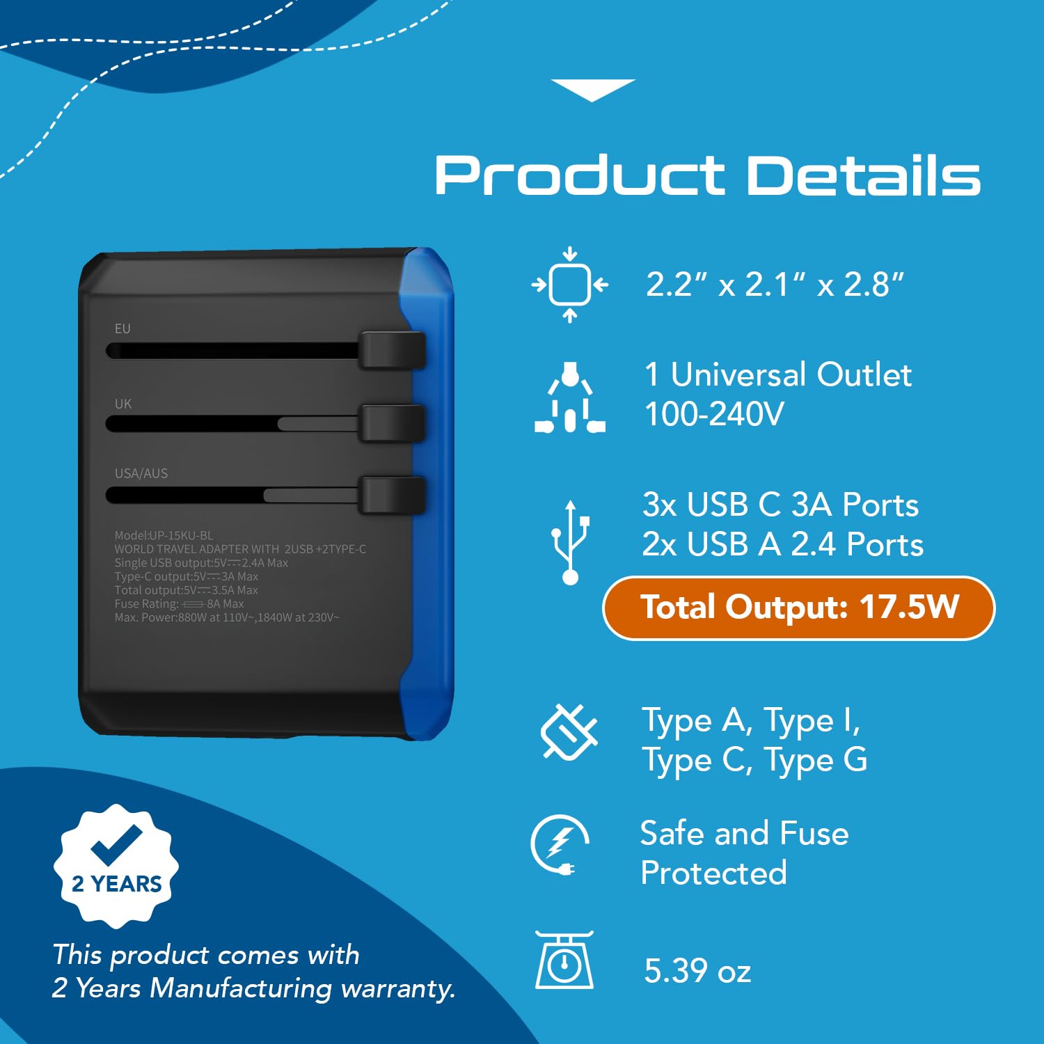 Foto 5 pulgar | Adaptador De Viaje Ceptics Universal 5 En 1 Con Usb-a Y Usb-c De 3,5 A - Venta Internacional.