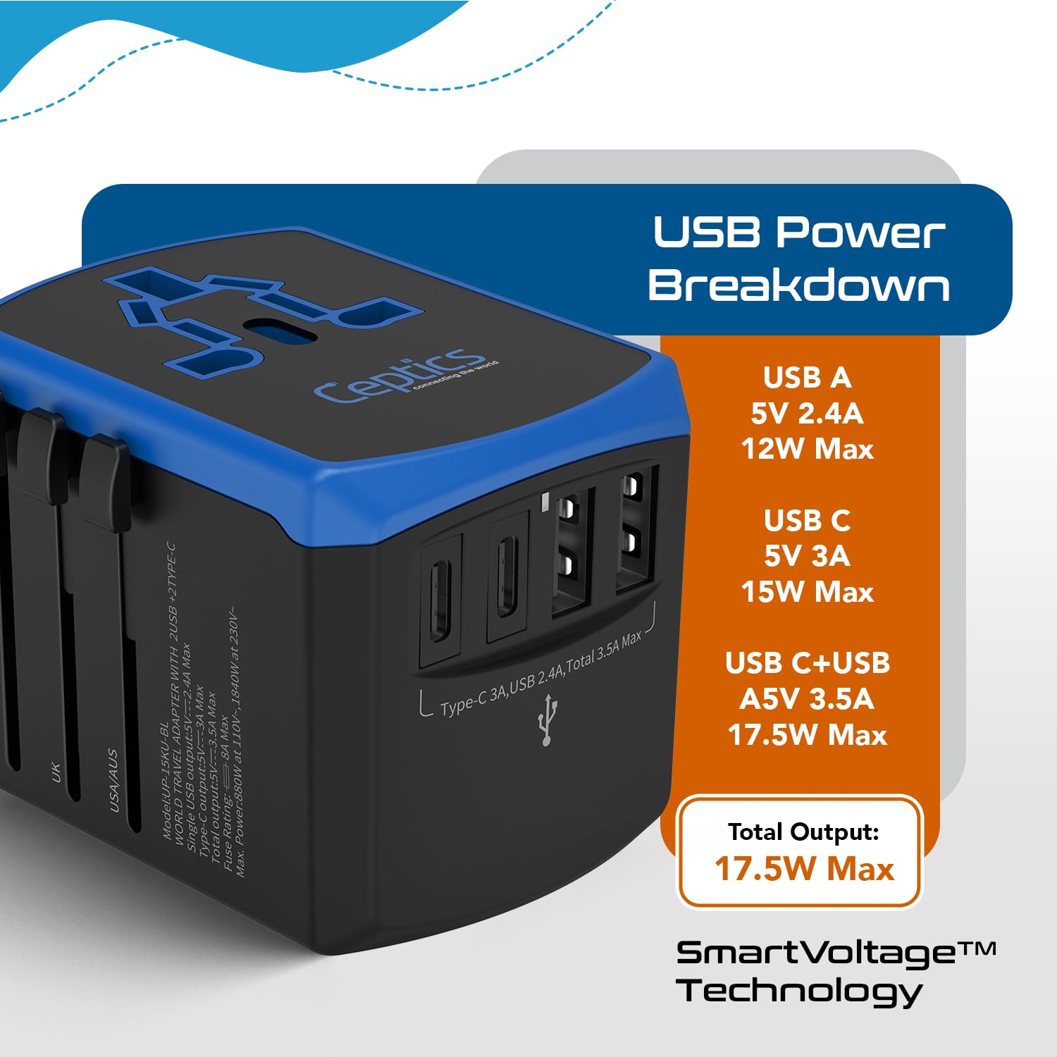 Foto 7 pulgar | Adaptador De Viaje Ceptics Universal 5 En 1 Con Usb-a Y Usb-c De 3,5 A - Venta Internacional.