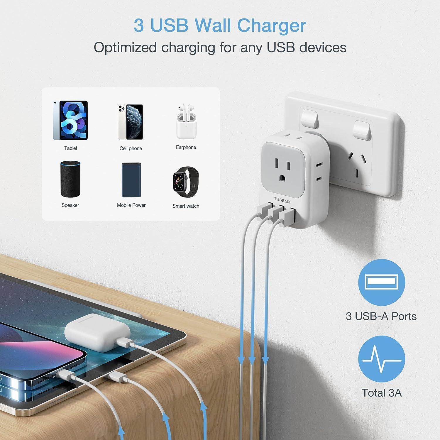 Foto 2 | Adaptador De Alimentación Tessan De Ee. Uu. A Australia Con 4 Salidas, 3 Usb - Venta Internacional.